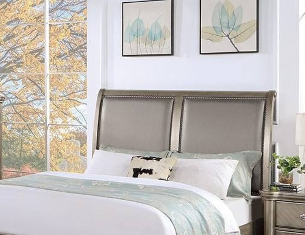 1pc Eastern King Size Bed Two Panel Upholstered Headboard Footboard Drawers Antique Silver Finish Bedroom Furniture
