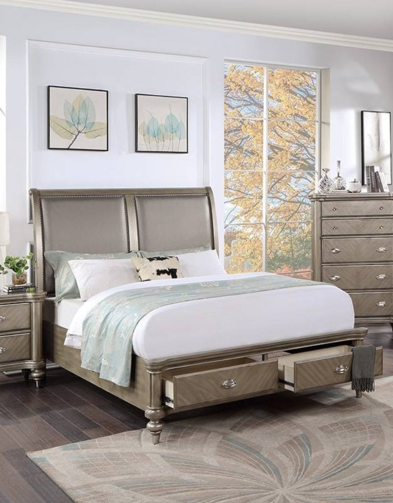 1pc Eastern King Size Bed Two Panel Upholstered Headboard Footboard Drawers Antique Silver Finish Bedroom Furniture