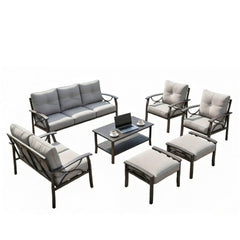 7-Piece Metal Patio Furniture Set, 9-Seat All-Weather Conversation Sofa with 4 Inches Thick Gray Cushions, Khaki Frame, Coffee Table & Ottomans for Porch Backyard Garden