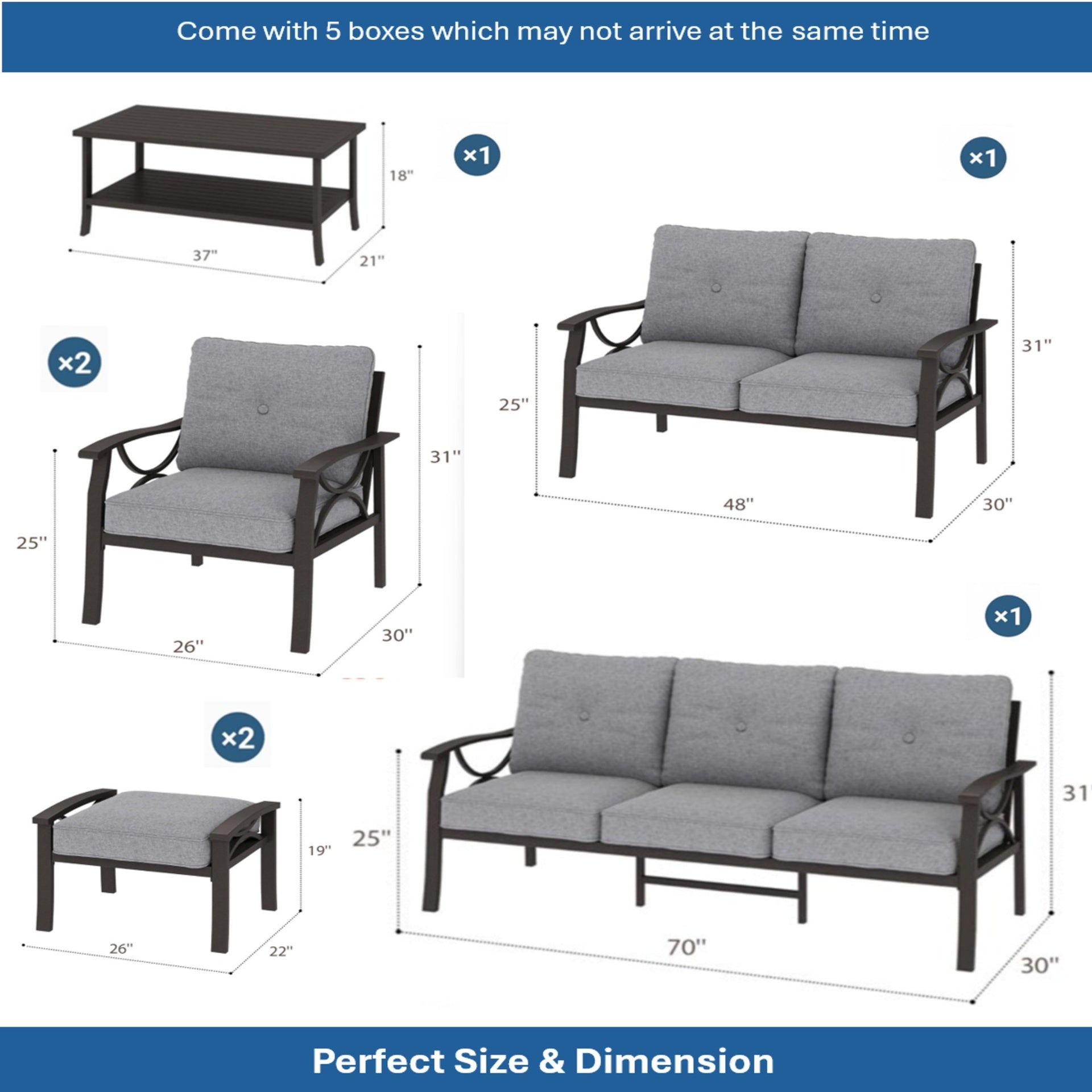7-Piece Metal Patio Furniture Set, 9-Seat All-Weather Conversation Sofa with 4 Inches Thick Gray Cushions, Khaki Frame, Coffee Table & Ottomans for Porch Backyard Garden