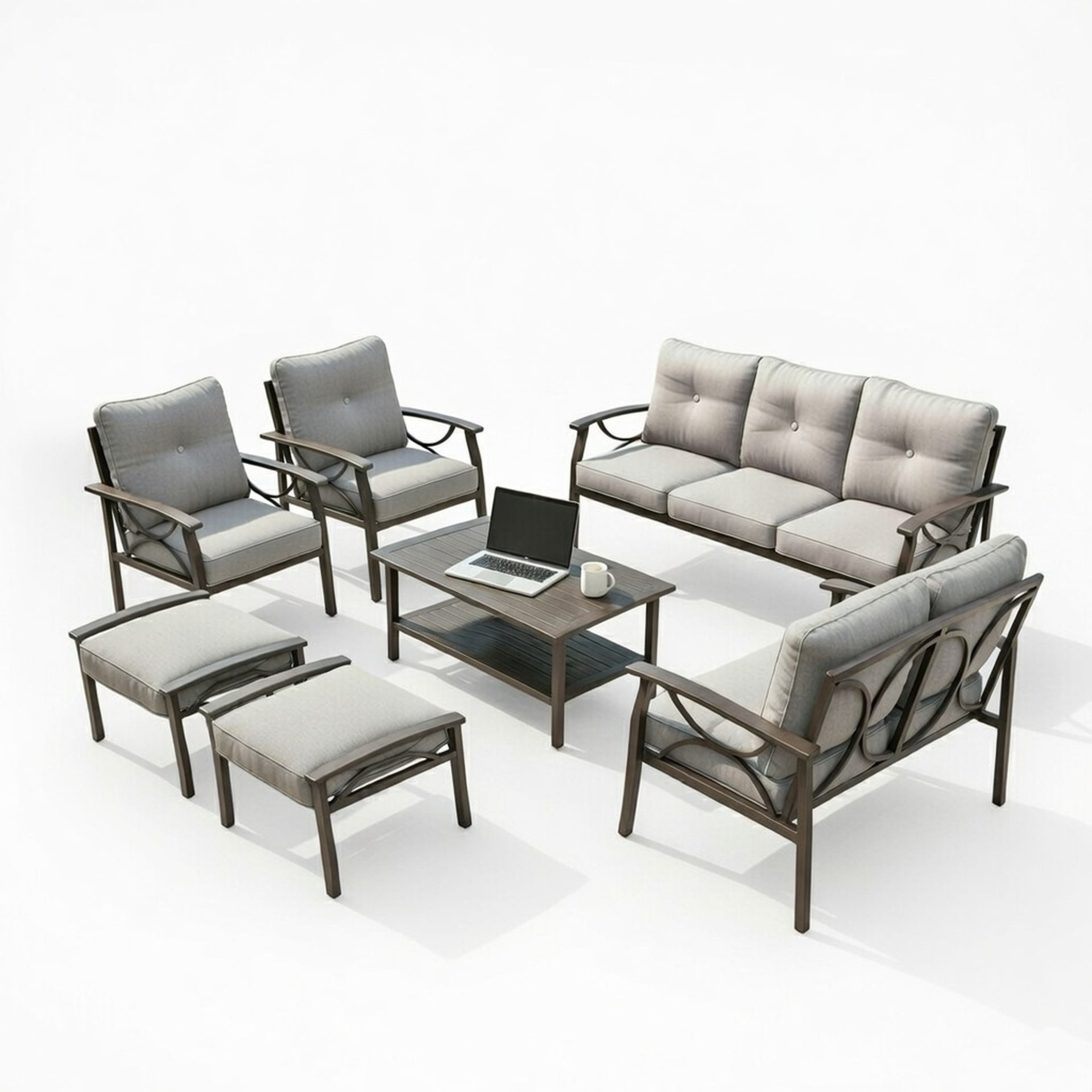 7-Piece Metal Patio Furniture Set, 9-Seat All-Weather Conversation Sofa with 4 Inches Thick Gray Cushions, Khaki Frame, Coffee Table & Ottomans for Porch Backyard Garden