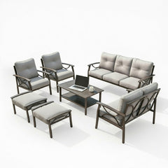 7-Piece Metal Patio Furniture Set, 9-Seat All-Weather Conversation Sofa with 4 Inches Thick Gray Cushions, Khaki Frame, Coffee Table & Ottomans for Porch Backyard Garden
