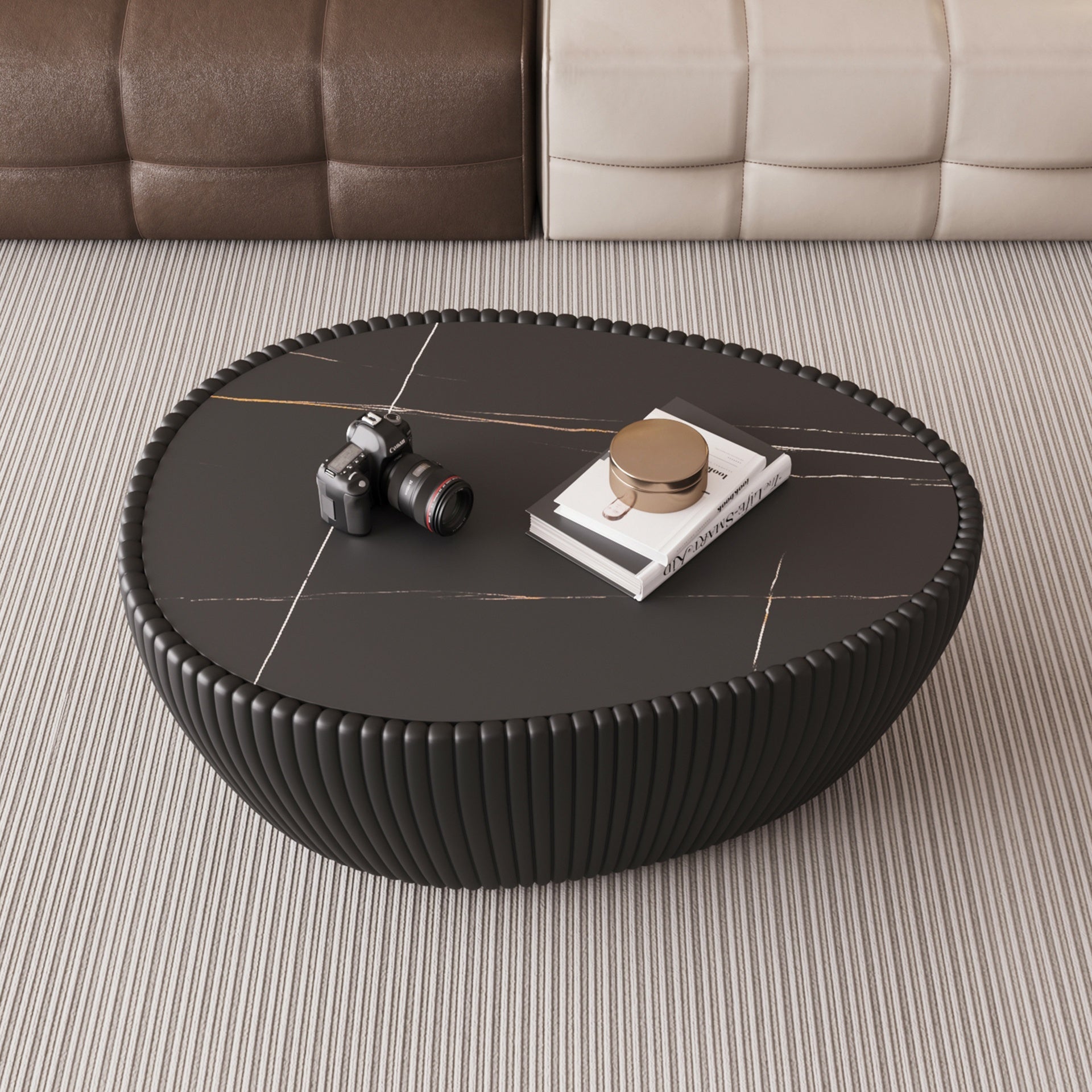 Black Sintered stone Top goose eggs Shape Leather Coffee modern Sofa Table for Living Room furniture ( Each tabletop has a unique pattern)