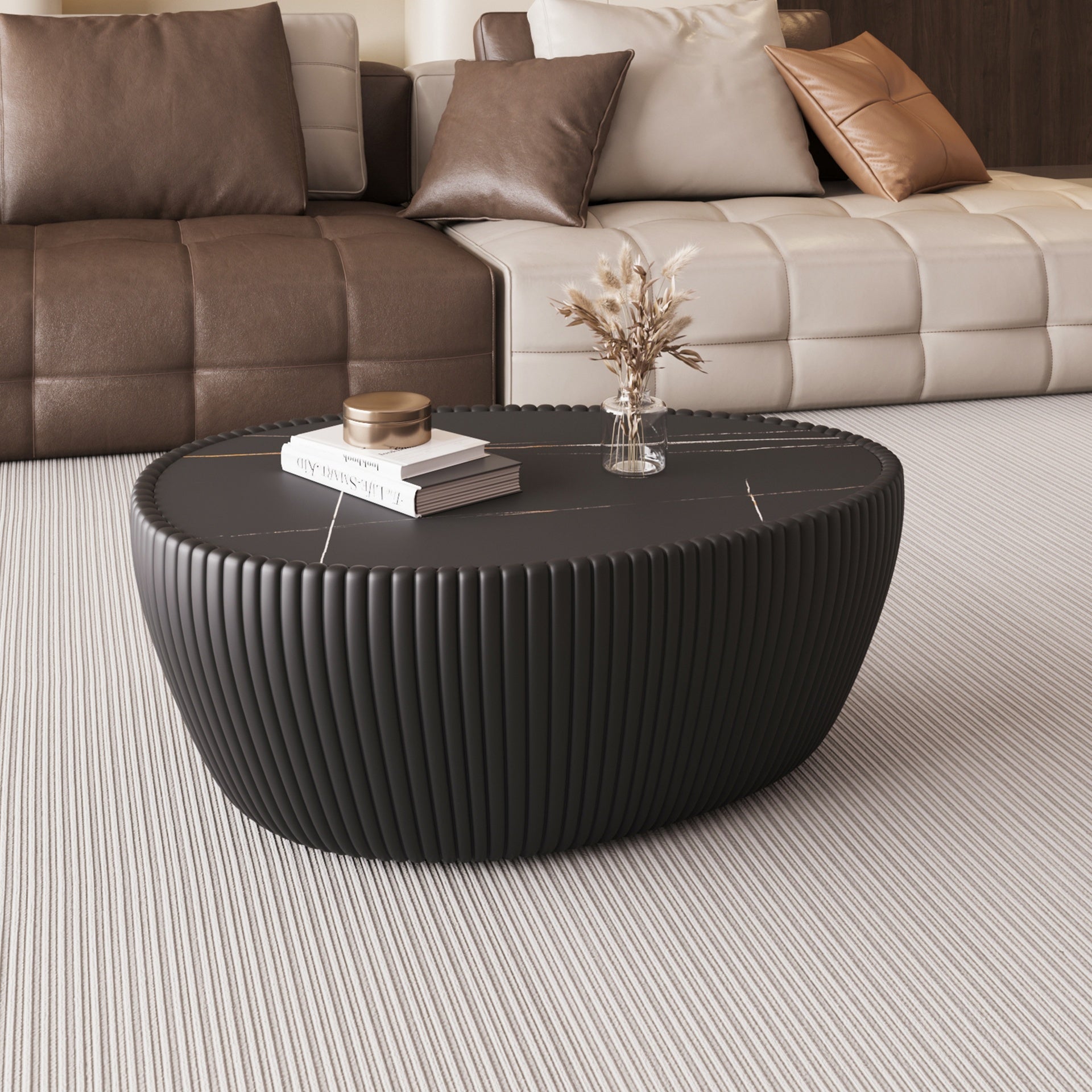 Black Sintered stone Top goose eggs Shape Leather Coffee modern Sofa Table for Living Room furniture ( Each tabletop has a unique pattern)