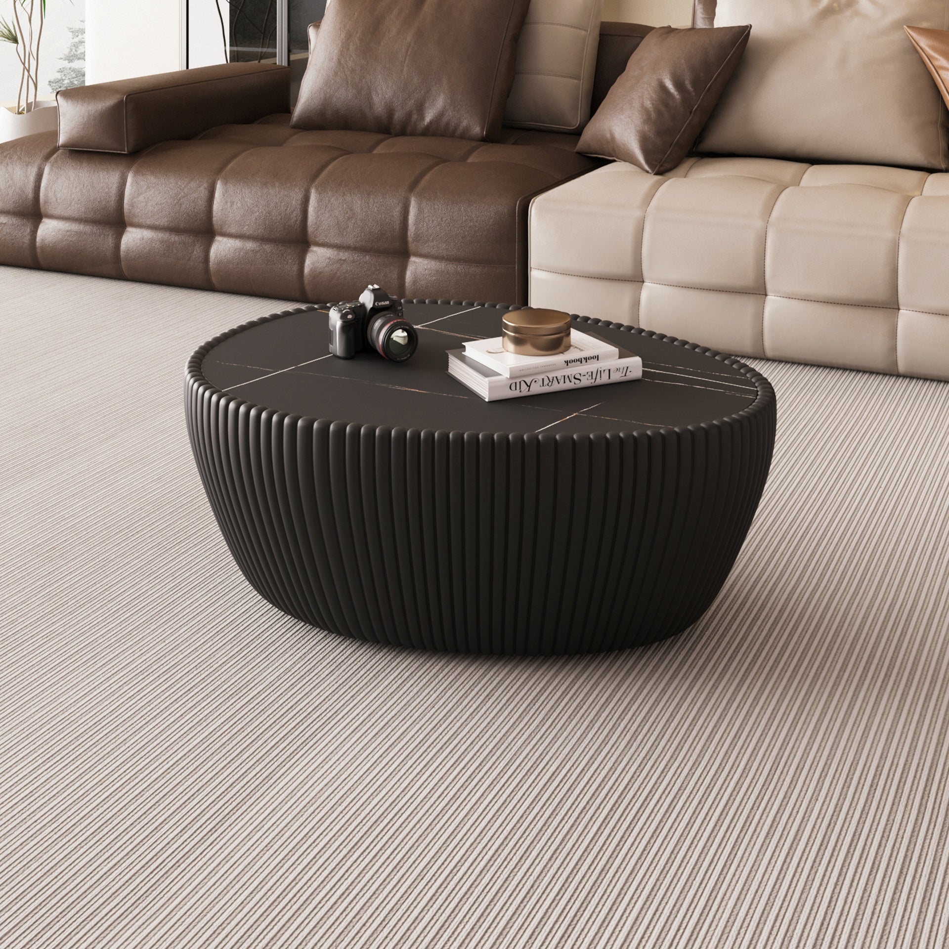 Black Sintered stone Top goose eggs Shape Leather Coffee modern Sofa Table for Living Room furniture ( Each tabletop has a unique pattern)