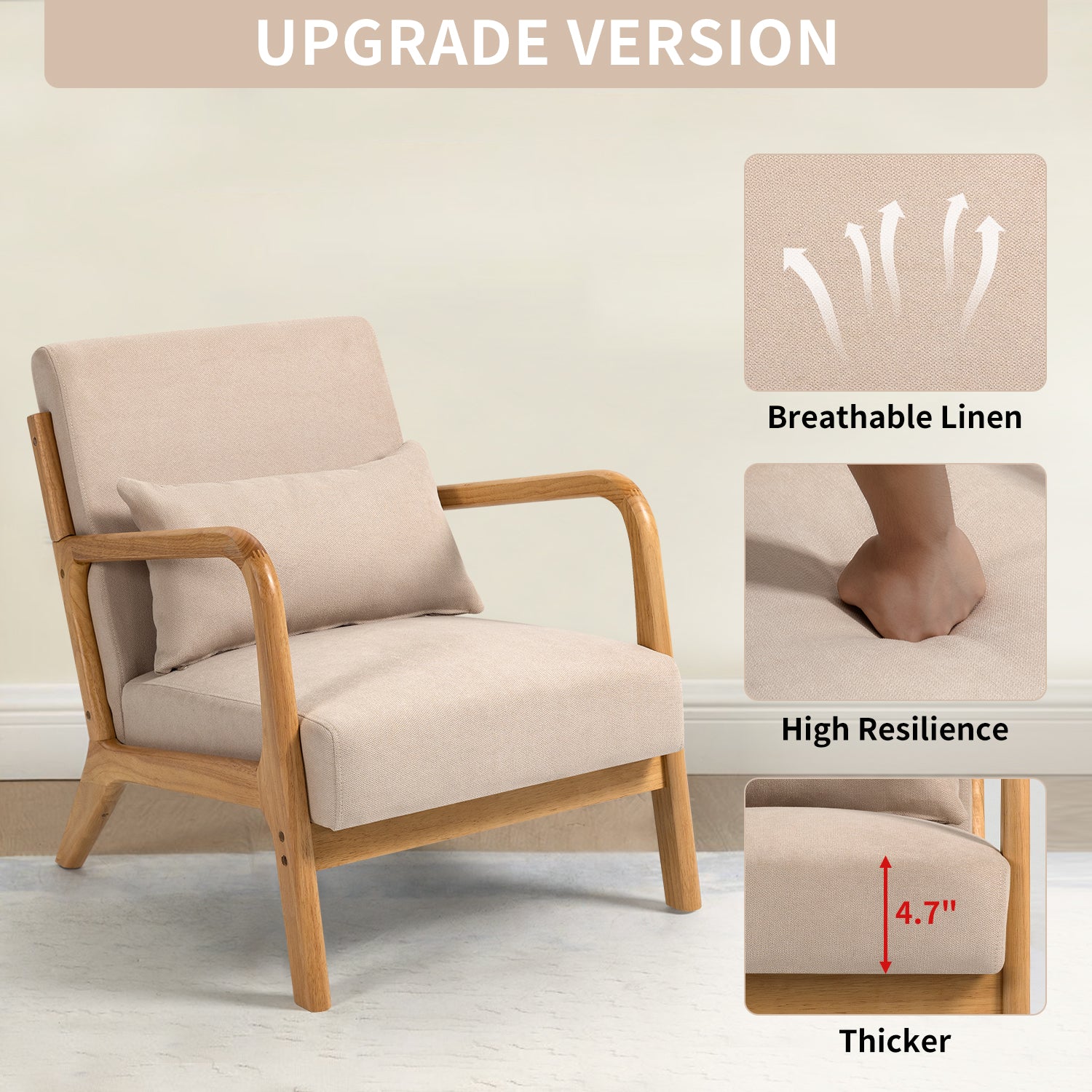 Leisure Chair with Solid Wood Armrest and Feet, Mid-Century Modern Accent Sofa,1 seat