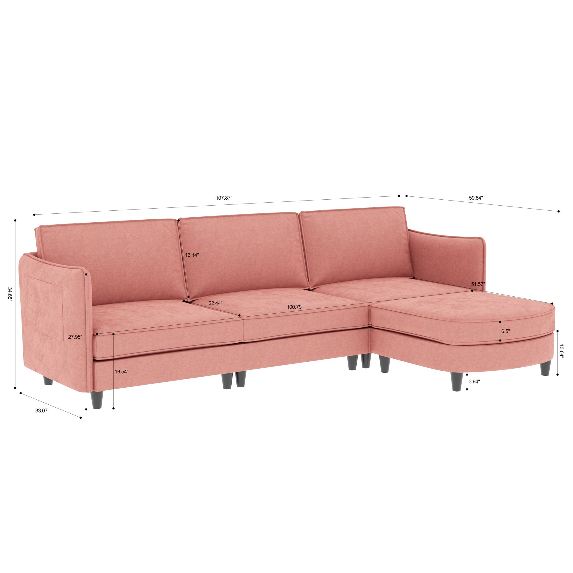 107.8'' Large Size 3 Seater Sofa Couch, L-Shaped Sofas with Movable Ottoman, Arm with Pockets,Modern Fabric Couches for Living Room, Apartment, Office