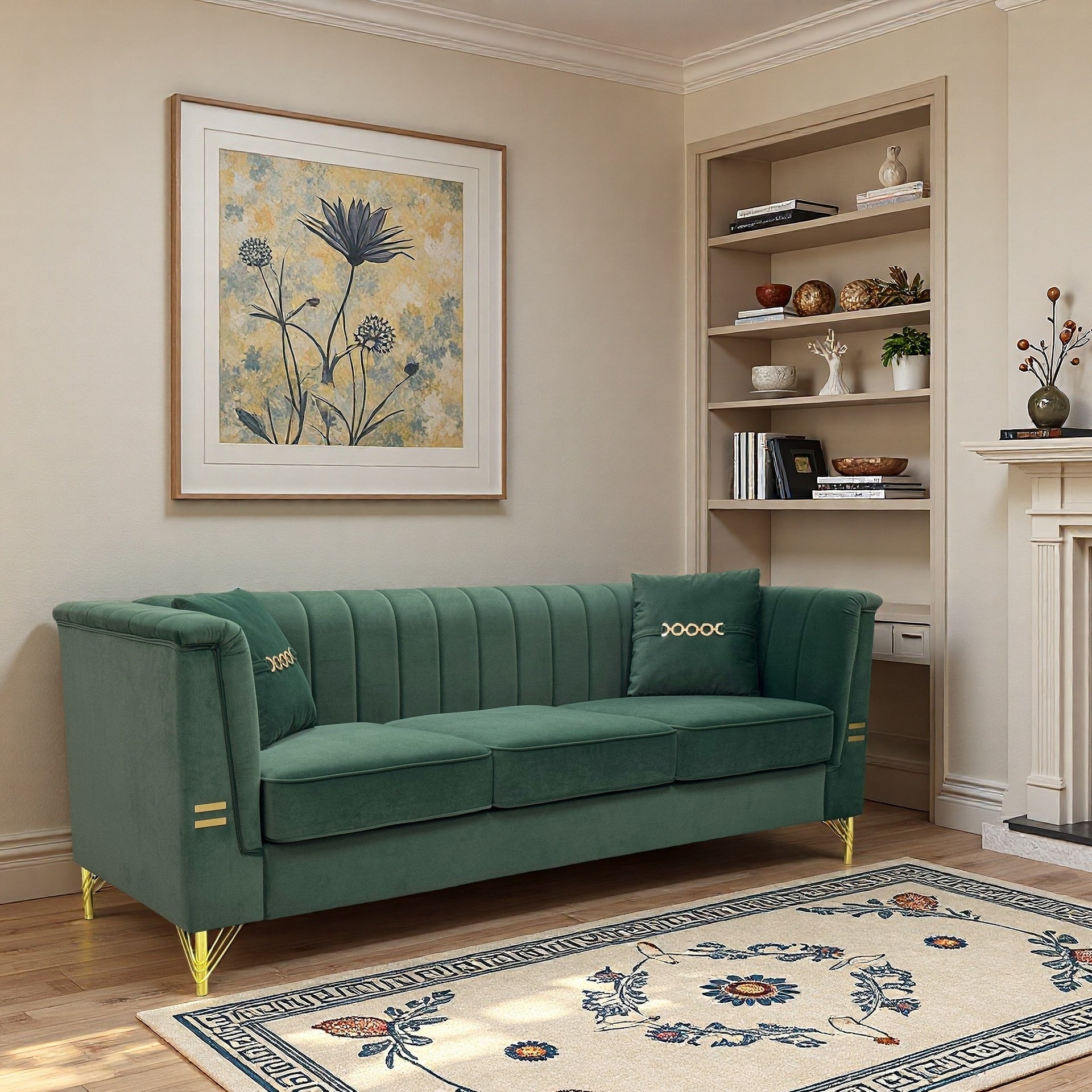FX-P82-GR3 (WITH 2 PILLOWS)-82.67" Modern Velvet 3-Seater Chesterfield Style Green Couch for Living Room with 2 Pillows(W576S00213/FX-P82-GR2)