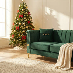 FX-P82-GR3 (WITH 2 PILLOWS)-82.67" Modern Velvet 3-Seater Chesterfield Style Green Couch for Living Room with 2 Pillows(W576S00213/FX-P82-GR2)