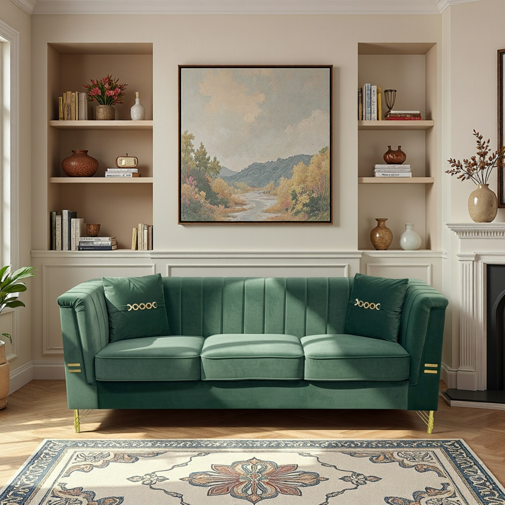 FX-P82-GR3 (WITH 2 PILLOWS)-82.67" Modern Velvet 3-Seater Chesterfield Style Green Couch for Living Room with 2 Pillows(W576S00213/FX-P82-GR2)