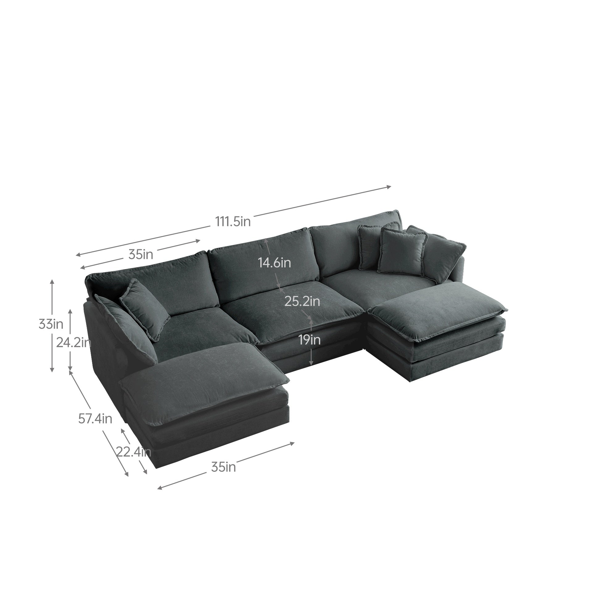 U-Shaped Sectional Sofa w/Reversible Footrest, 5-Seater Convertible Corner Couch with 2 Ottomans ,Modern Minimalist Soft Sofa & Couch for Living Room ,Gray Chenille