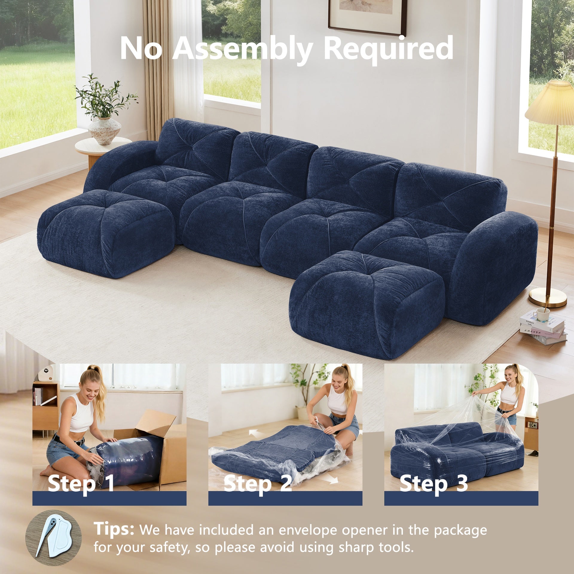 U-shaped Boneless Sofa,Tufted Design,32D High Density Sponge  Bottom,Anti-Slip Design,No Assembly Required,Free Combination,Movable Ottomans For Living Rooms,Home Theater,Blue