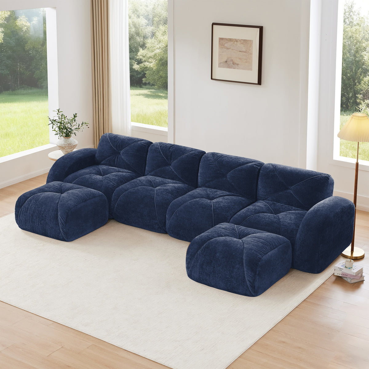 U-shaped Boneless Sofa,Tufted Design,32D High Density Sponge  Bottom,Anti-Slip Design,No Assembly Required,Free Combination,Movable Ottomans For Living Rooms,Home Theater,Blue