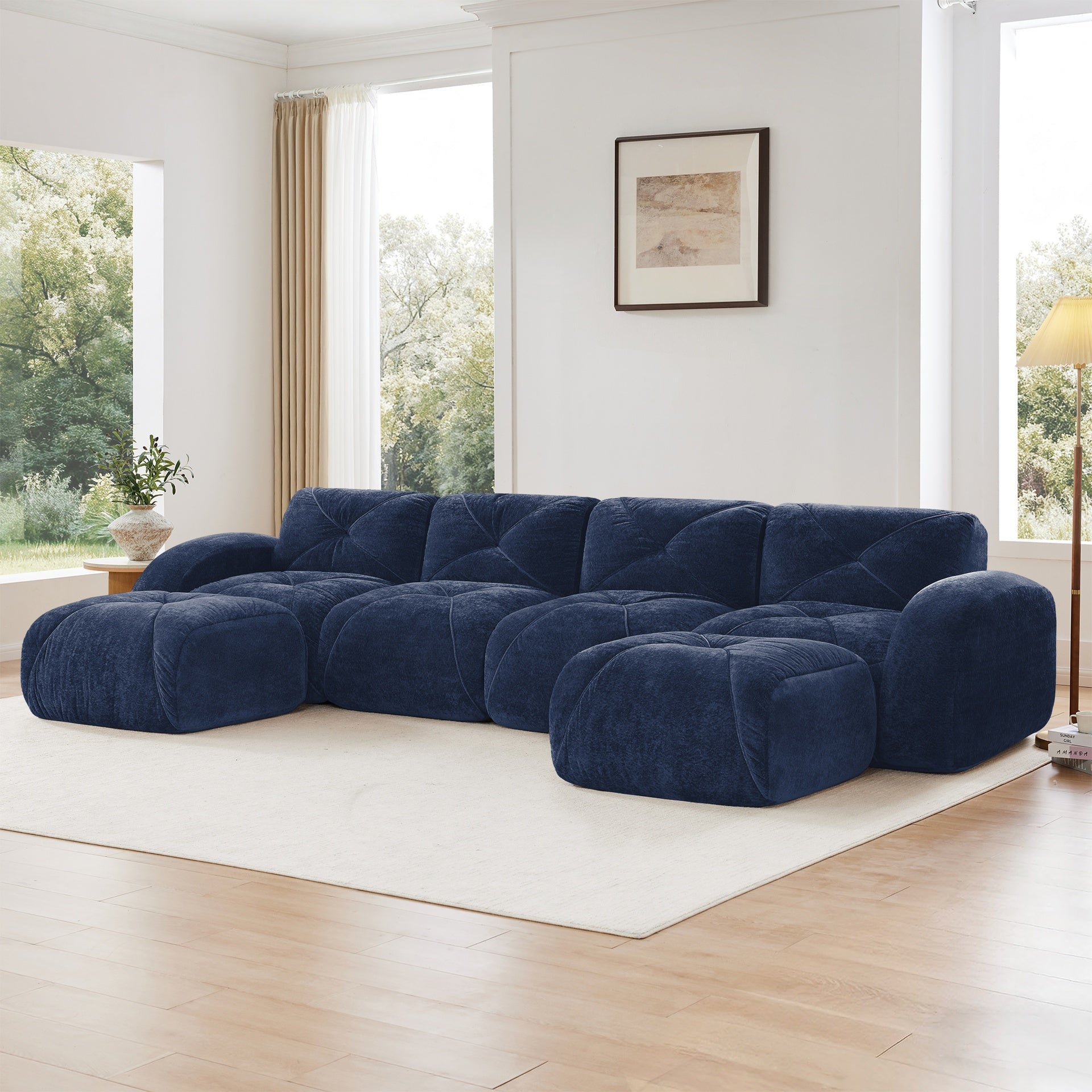 U-shaped Boneless Sofa,Tufted Design,32D High Density Sponge  Bottom,Anti-Slip Design,No Assembly Required,Free Combination,Movable Ottomans For Living Rooms,Home Theater,Blue