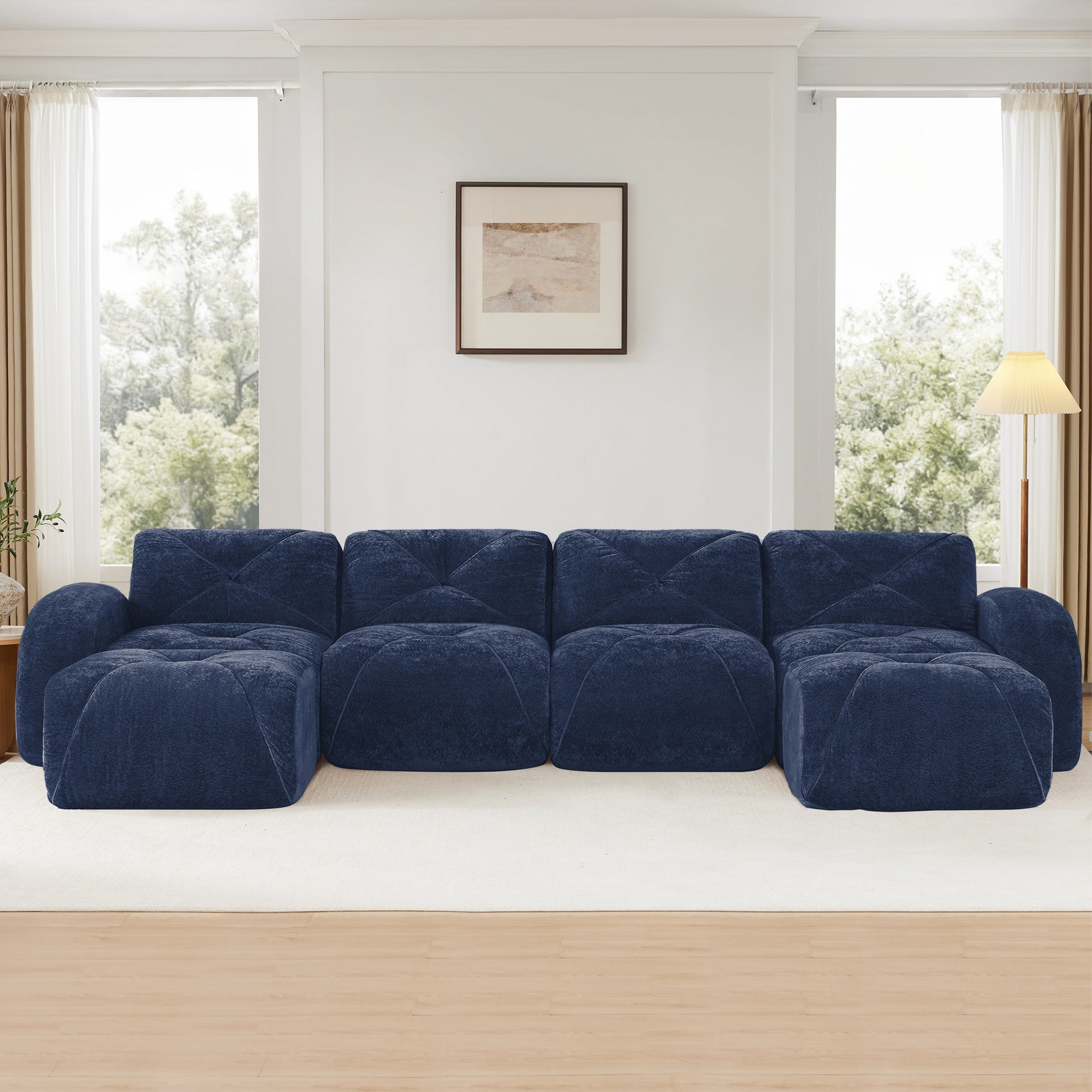 U-shaped Boneless Sofa,Tufted Design,32D High Density Sponge  Bottom,Anti-Slip Design,No Assembly Required,Free Combination,Movable Ottomans For Living Rooms,Home Theater,Blue