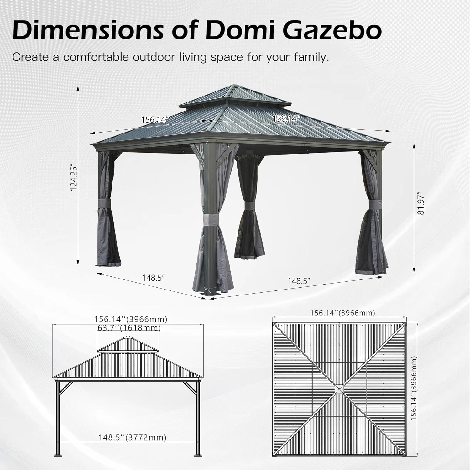 13x13FT Outdoor Gazebo, Hardtop Gazebo with Galvanized Steel Double Roof, Metal Gazebos with Drainage System Patio Pergola for Patio Deck Backyard,Curtain and Netting,Gray