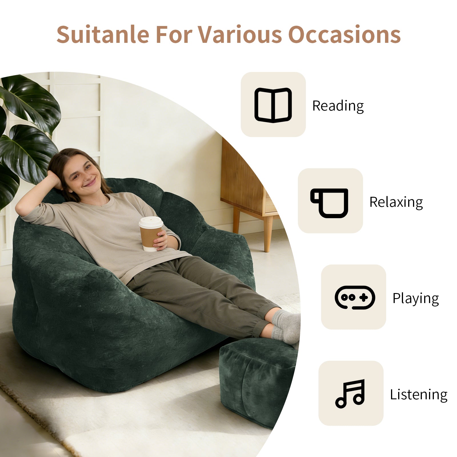 Bean bag chair, armrest bean bag sofa chair filled with high-density foam, comfortable lazy sofa chair, adult bean bag chair for the living room, bedroom reading.
