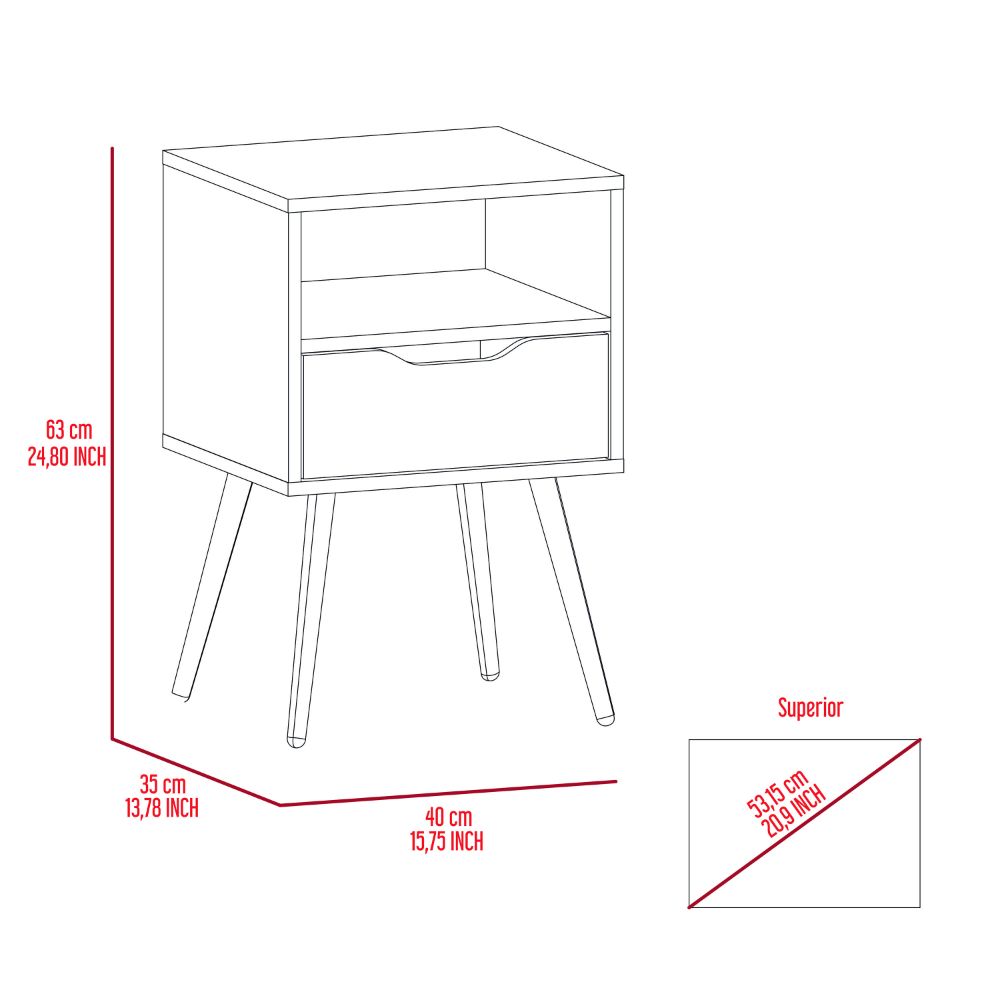 Otom Nightstand , Superior Top, One Open Shelf, One Drawer, Four Legs -Smokey Oak / White