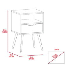 Otom Nightstand , Superior Top, One Open Shelf, One Drawer, Four Legs -Smokey Oak / White