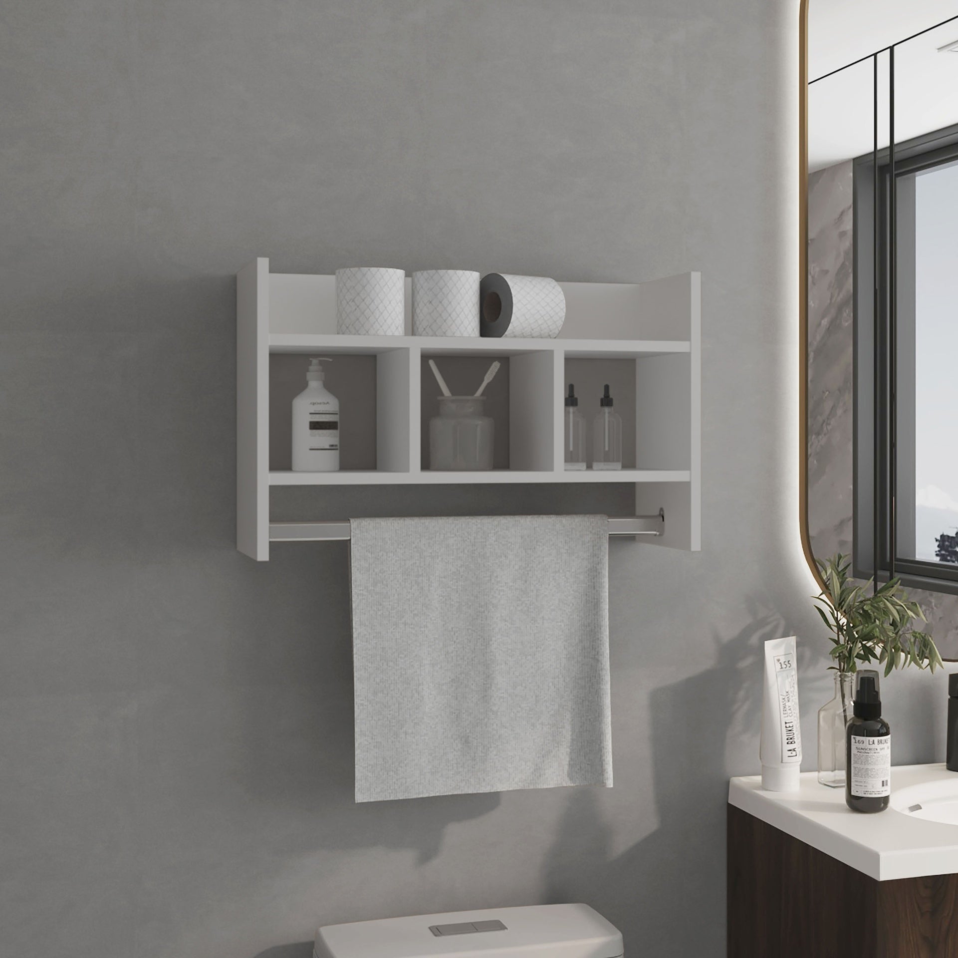 Bathroom Wall Shelf with Towel Bar, Compact Storage With A Wide Upper Shelf, Three Comapct Middle Shelves and Towel Holder for Bathroom Organizer, White