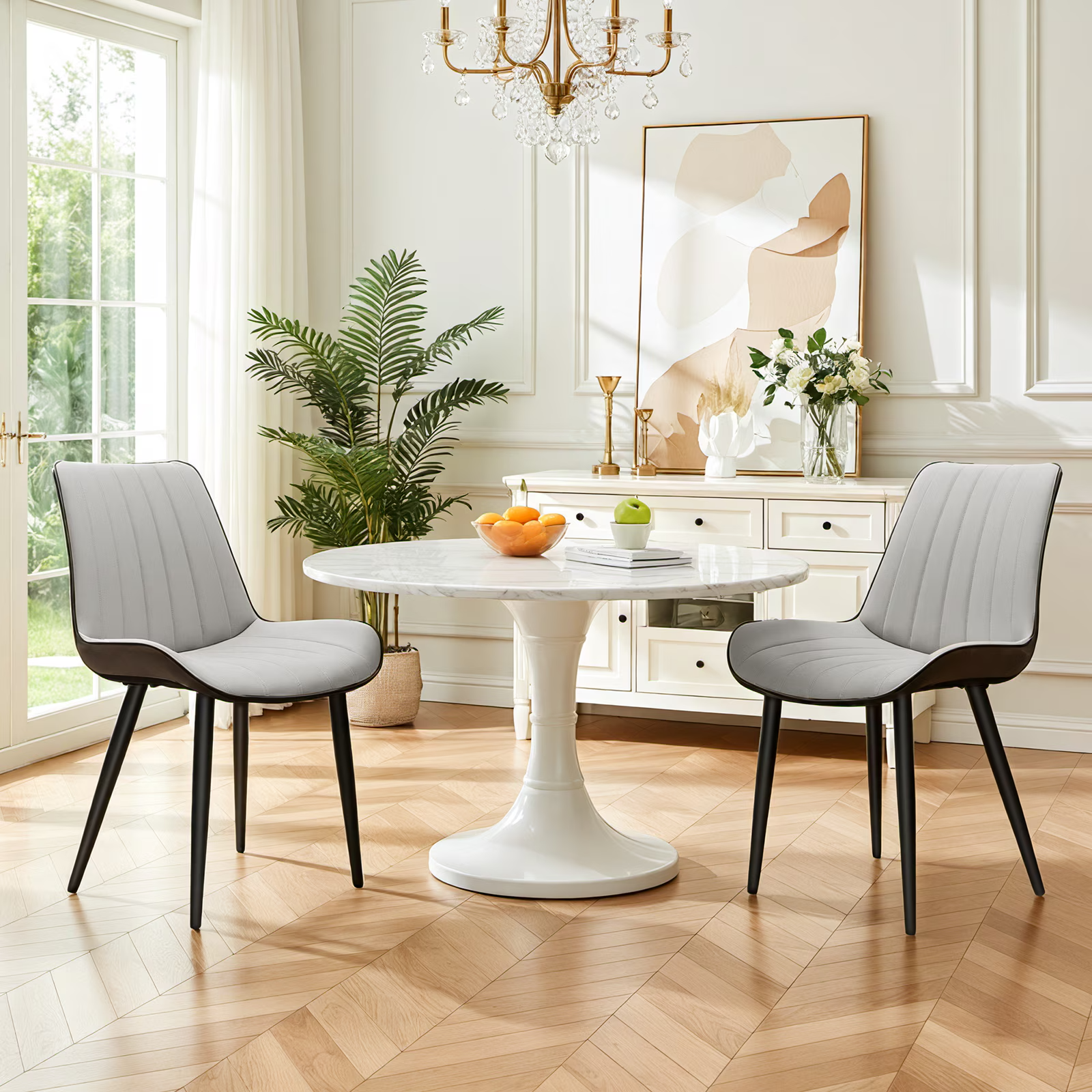Light Grey & Dark Grey PU Leather Dining Chair with Metal Legs, Wave Pattern Upholstered Armless Chair Set of 4 for Kitchen, Restaurant, Living, Meeting Room