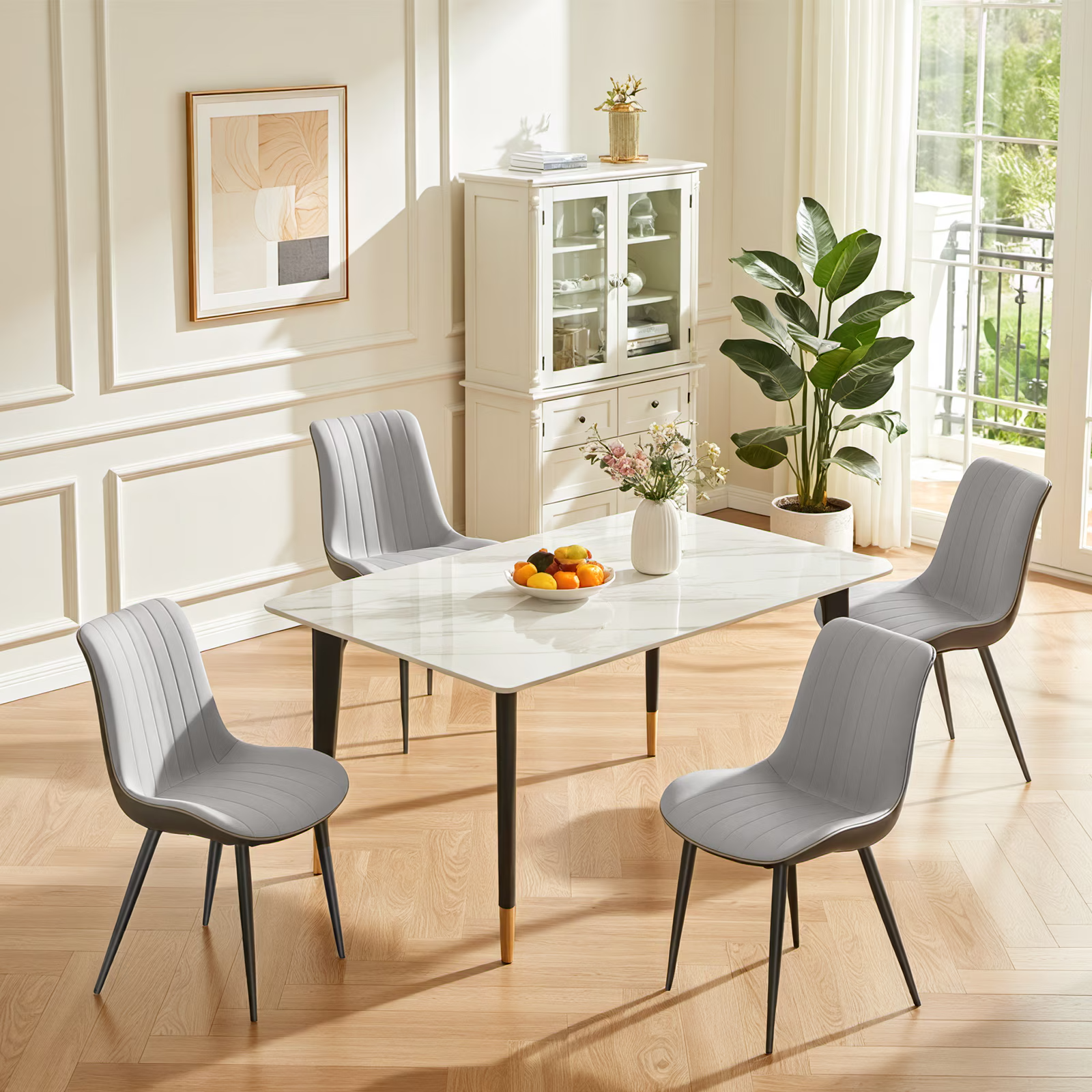 Light Grey & Dark Grey PU Leather Dining Chair with Metal Legs, Wave Pattern Upholstered Armless Chair Set of 4 for Kitchen, Restaurant, Living, Meeting Room