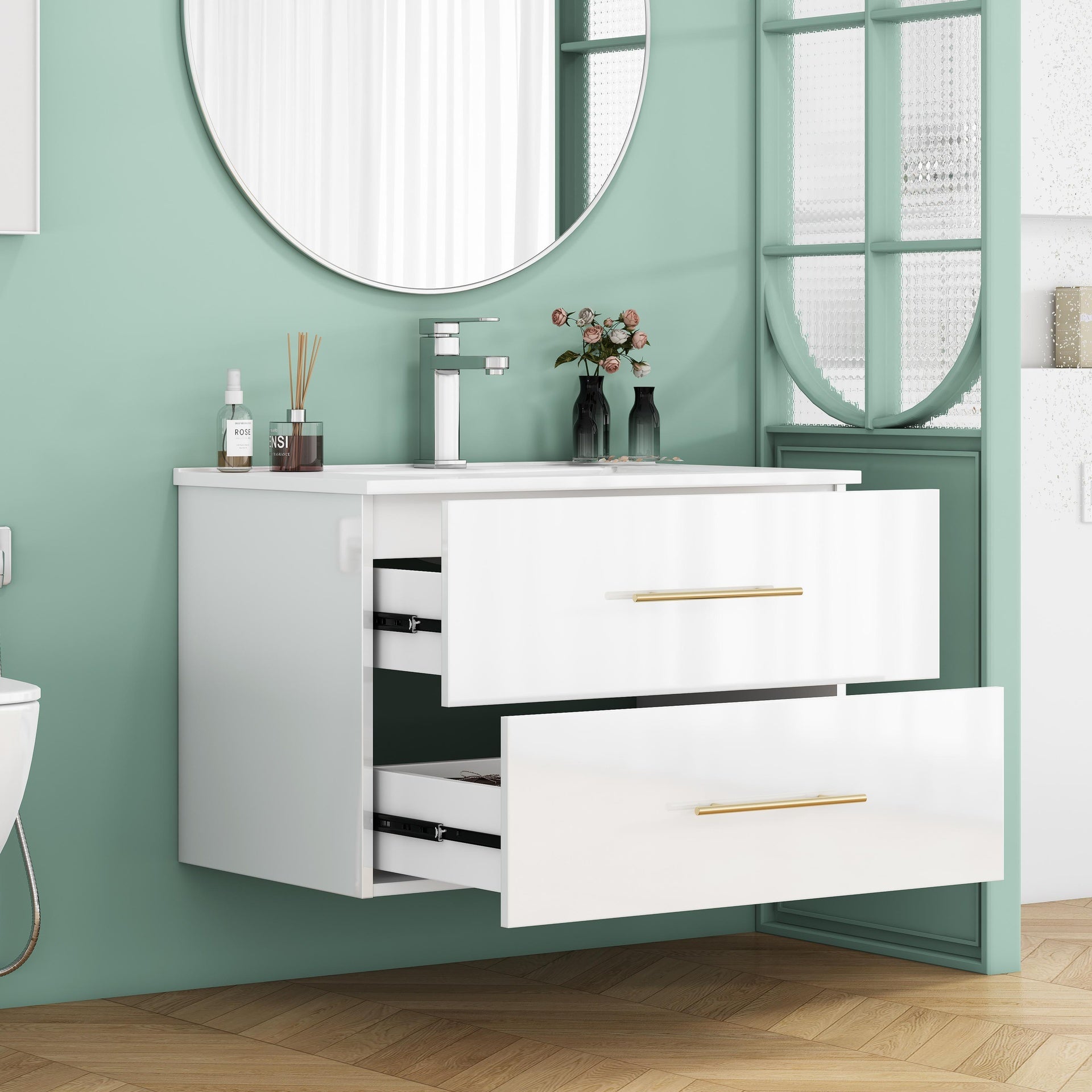 30-Inch White Gloss Wall-Mounted Bathroom Vanity with Sink Combo, Double Drawers,Ceramic Sink,Long Metal Handle ,Easy Installation,Glossy White