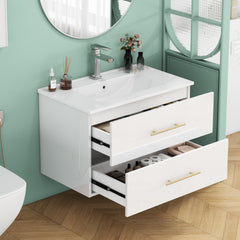 30-Inch White Gloss Wall-Mounted Bathroom Vanity with Sink Combo, Double Drawers,Ceramic Sink,Long Metal Handle ,Easy Installation,Glossy White