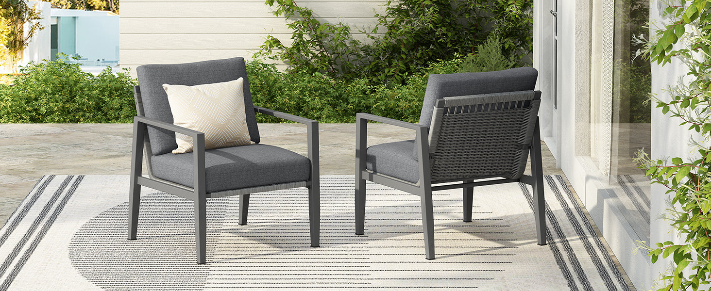 [Set of 2] Gray Aluminum Lounge Chair with Sleek Rope Accents and Comfortable Cushions, Perfect for Modern Outdoor and Indoor Spaces