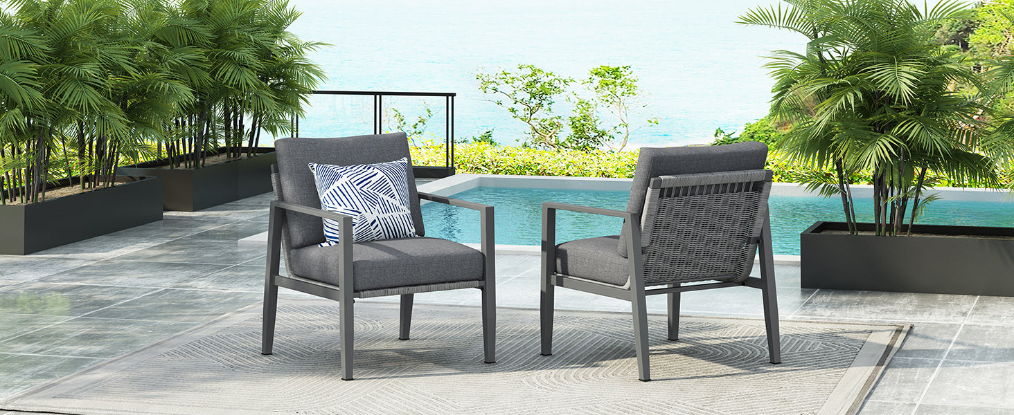 [Set of 2] Gray Aluminum Lounge Chair with Sleek Rope Accents and Comfortable Cushions, Perfect for Modern Outdoor and Indoor Spaces