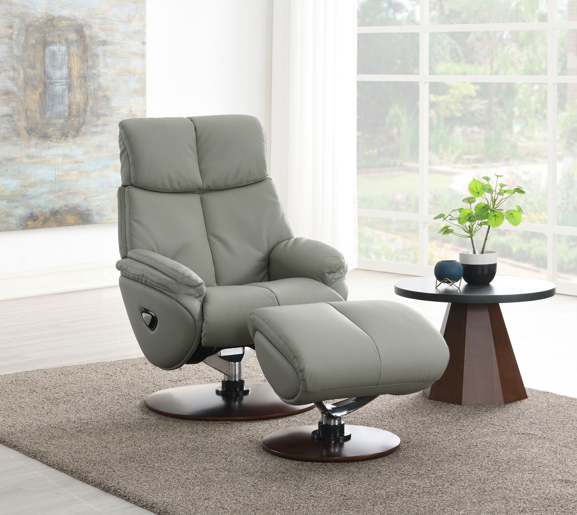 Kandoro Gray Top Grain Leather Accent Chair with Swivel & Ottoman