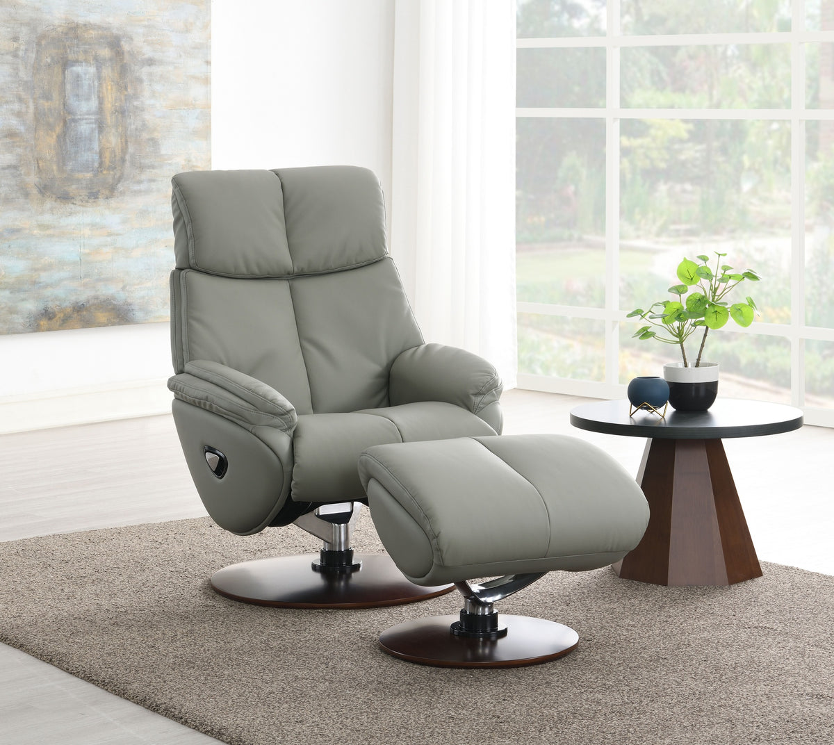 Kandoro Gray Top Grain Leather Accent Chair with Swivel & Ottoman