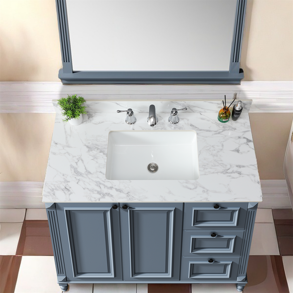 43"x22"Bathroom Vanity Top,sintered stone carra white   Barthroom Vanity Sink Tops with Rectangular Undermount Ceramic Sink with Vanity Backsplash, Three Faucet Hole Bathroom Vanity Countertop