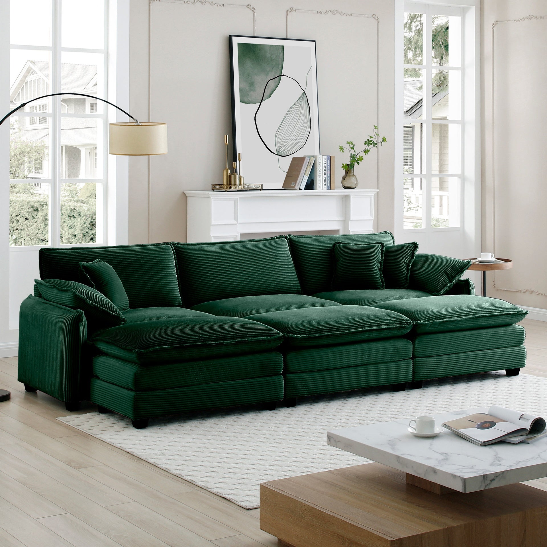 Oversized modular cushioned sofa,with 3 ottomans to work as sleeper sofa beds, 3-seater sofa with 3 footstools,Green corduroy fabric