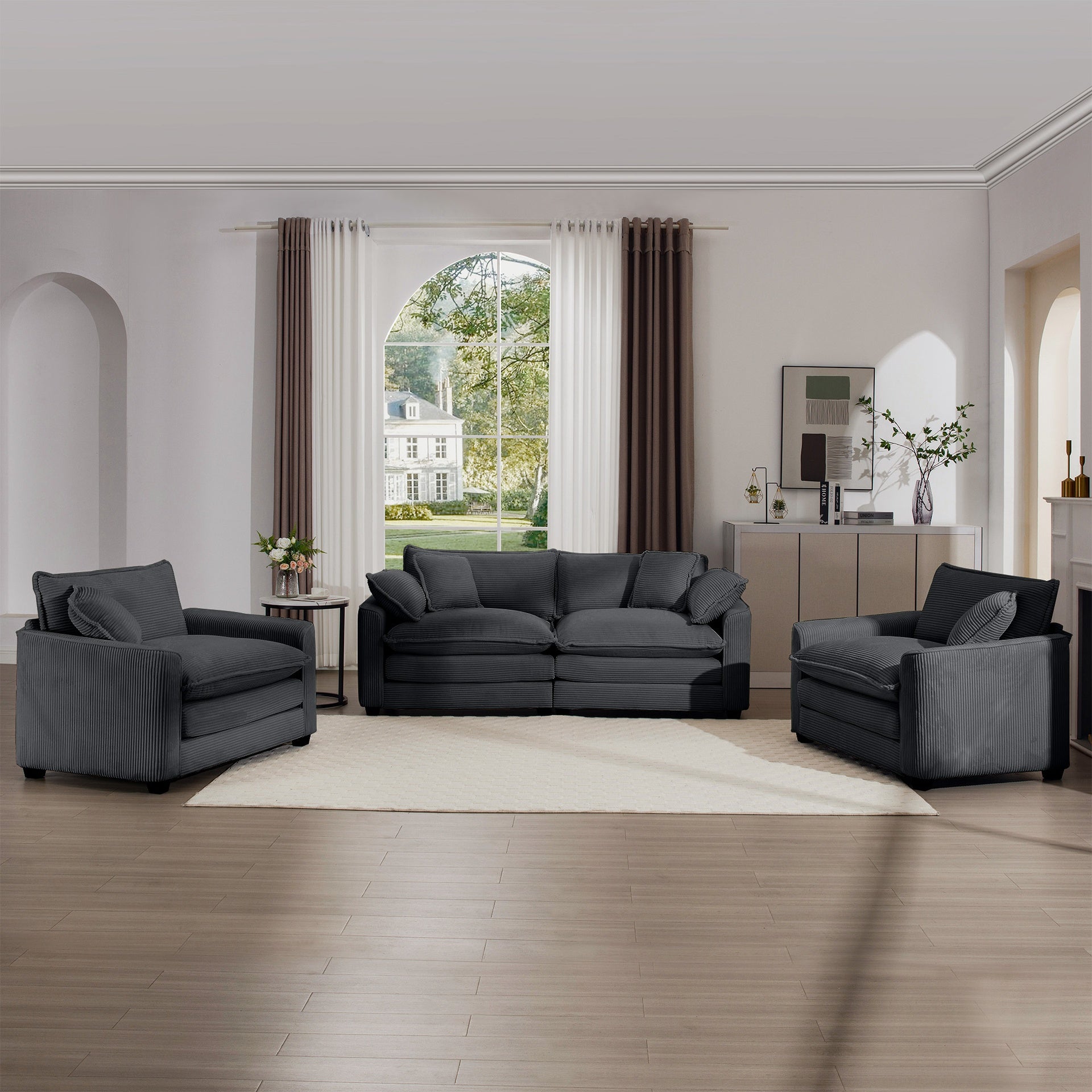 Warm and Cozy Sofa Set with Soft Cushions and Pillows, Home Theater Style Sofa Set Consisting of One 2-Seater Sofas and Two Single Sofa in Grey Corduroy Fabric