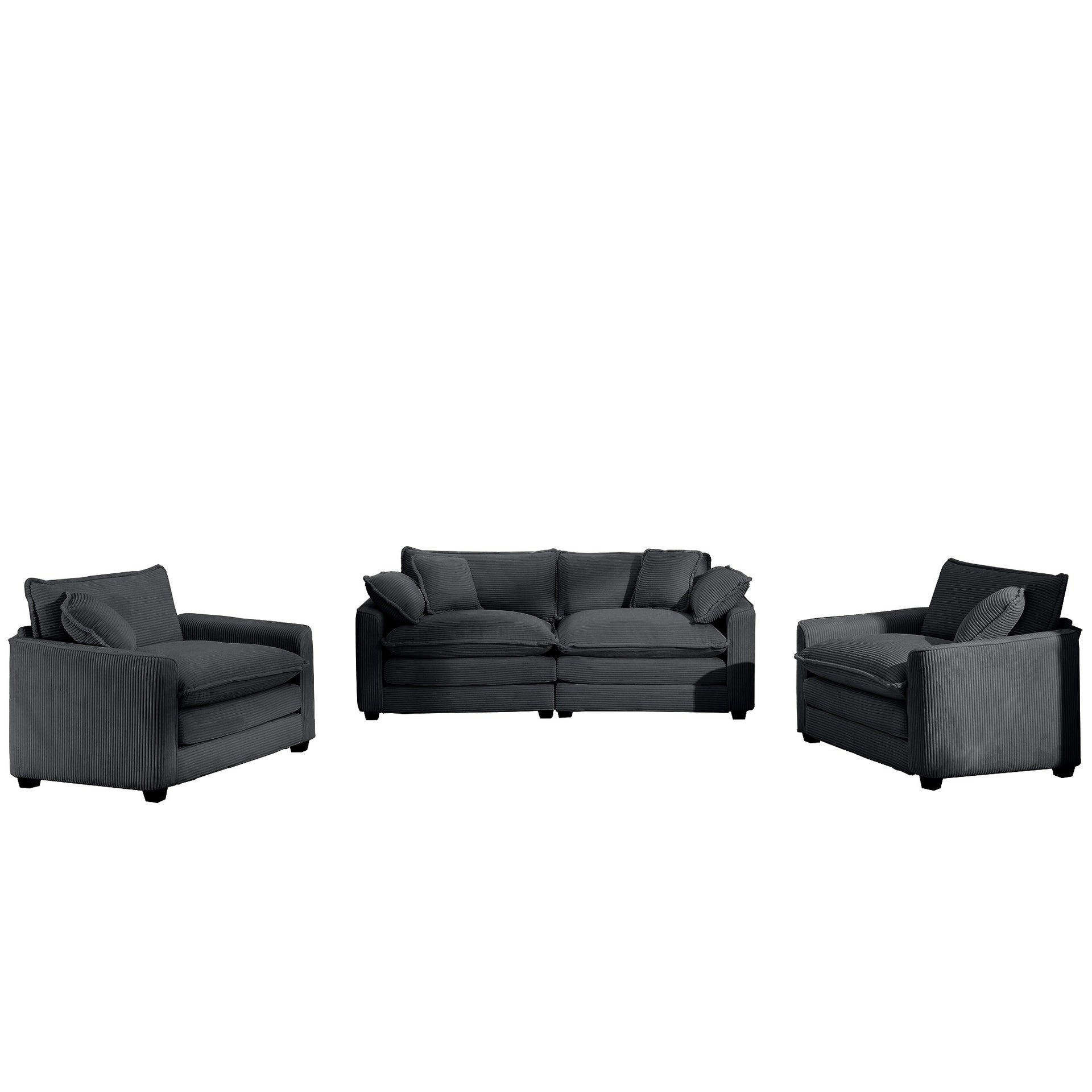 Warm and Cozy Sofa Set with Soft Cushions and Pillows, Home Theater Style Sofa Set Consisting of One 2-Seater Sofas and Two Single Sofa in Grey Corduroy Fabric