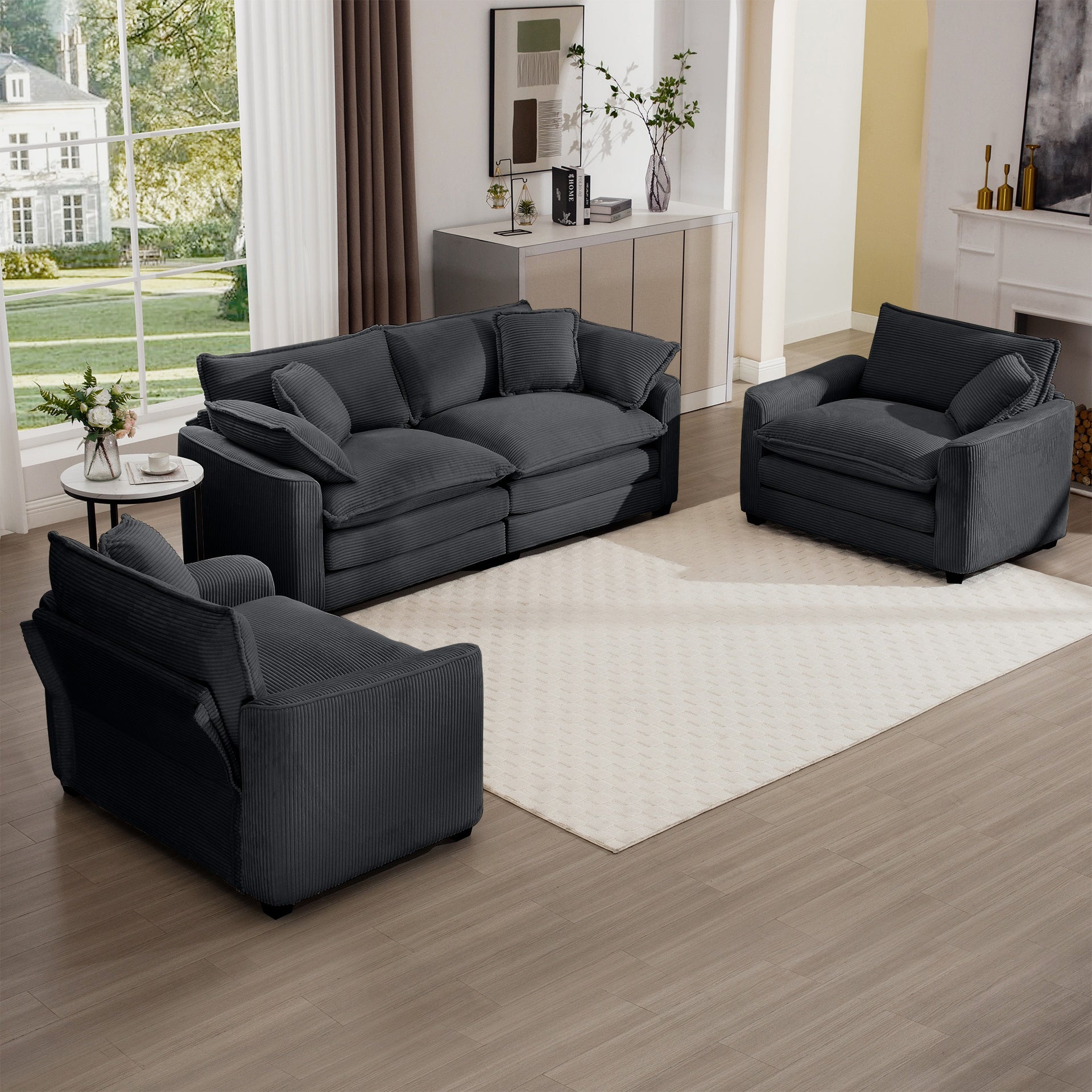 Warm and Cozy Sofa Set with Soft Cushions and Pillows, Home Theater Style Sofa Set Consisting of One 2-Seater Sofas and Two Single Sofa in Grey Corduroy Fabric