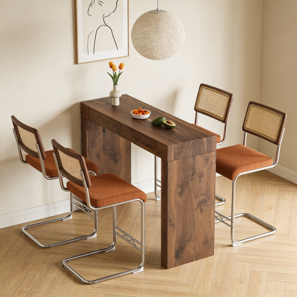 4-piece velvet bar chair combination, paired with walnut wood grain bar table, including storage function, suitable for restaurants and cafes