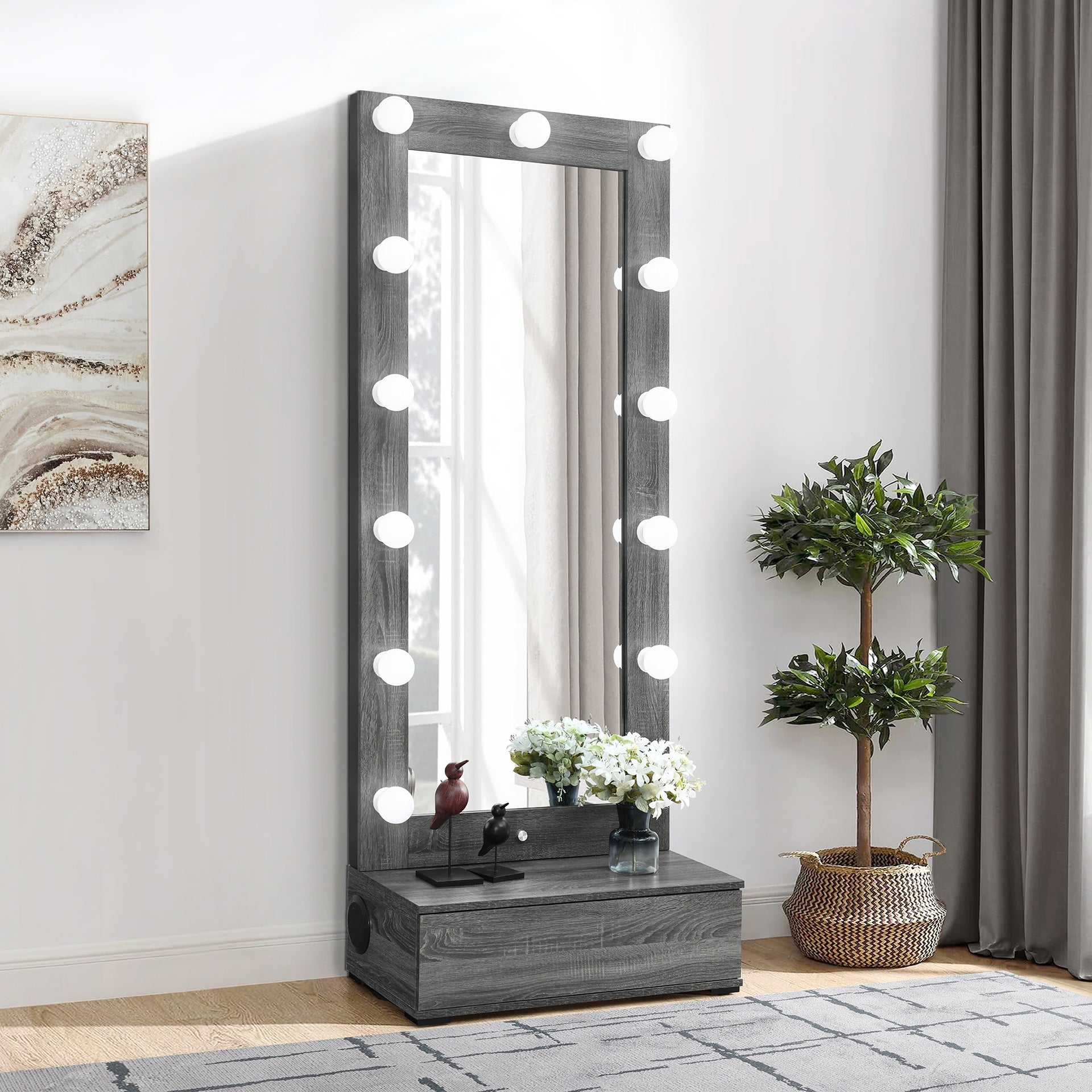 Lorena Grey Tall Mirror with Drawer and Speakers