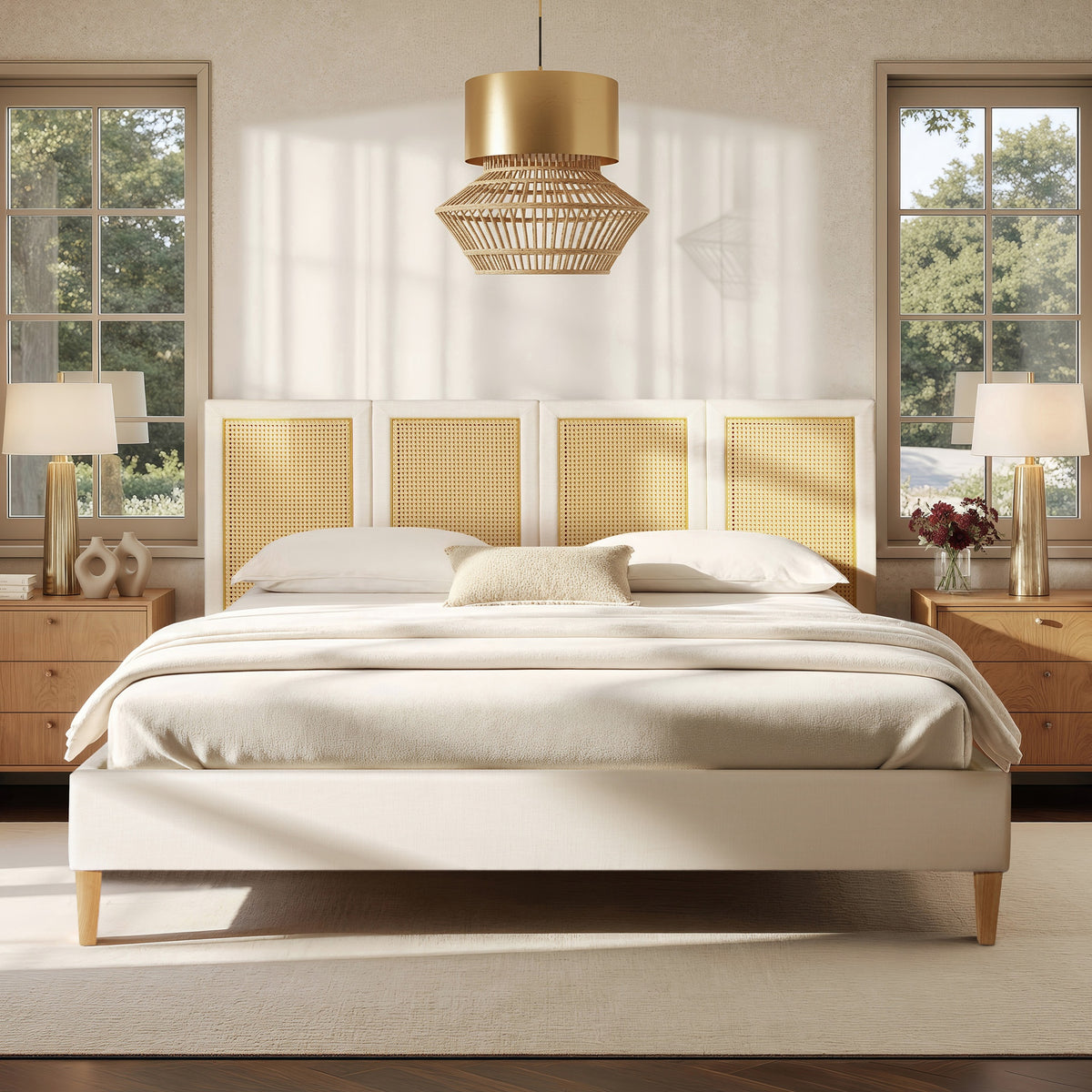 Toscana King Upholstered Cane Back Platform Bed, Antique White Polyester