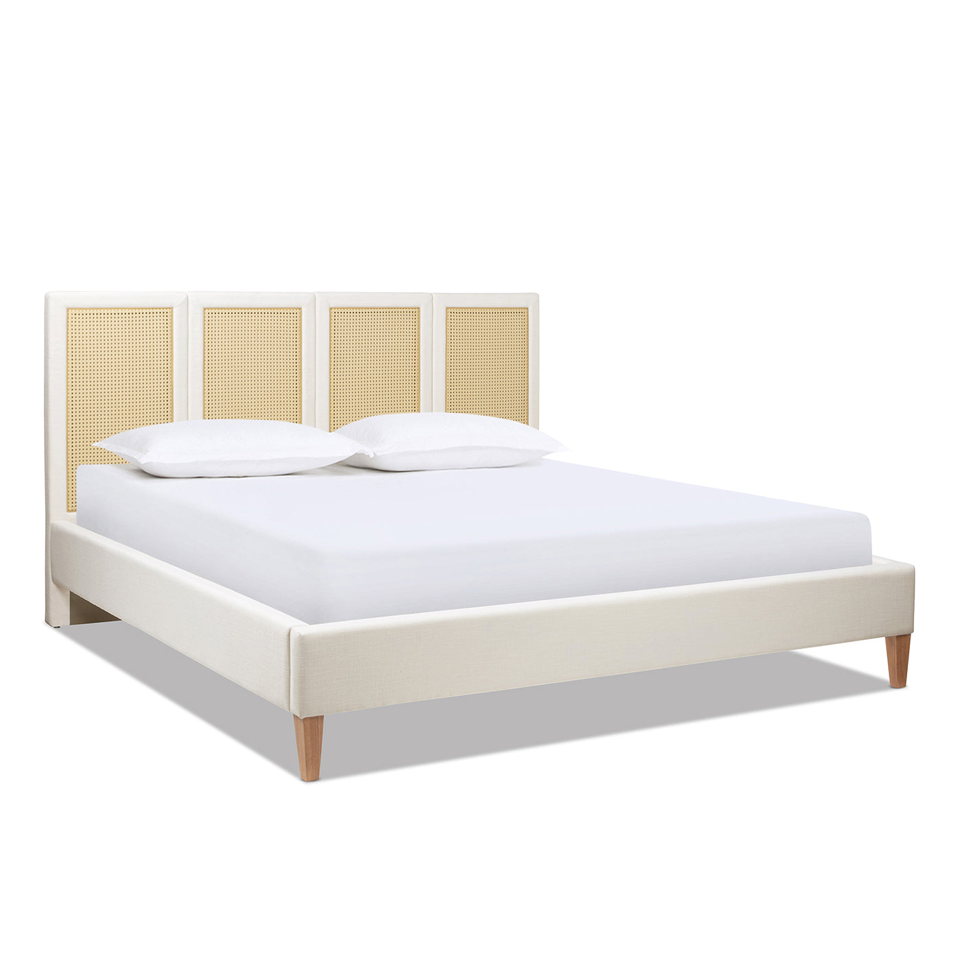 Toscana King Upholstered Cane Back Platform Bed, Antique White Polyester