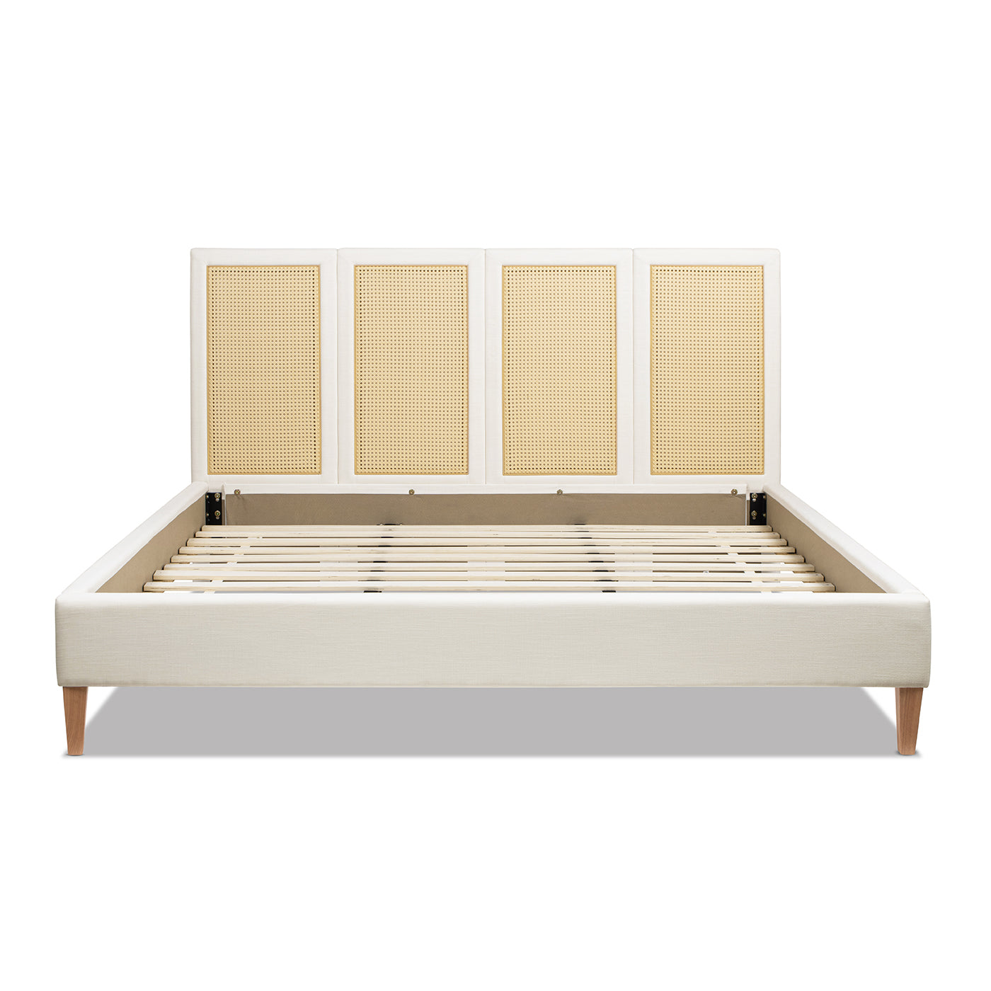 Toscana King Upholstered Cane Back Platform Bed, Antique White Polyester