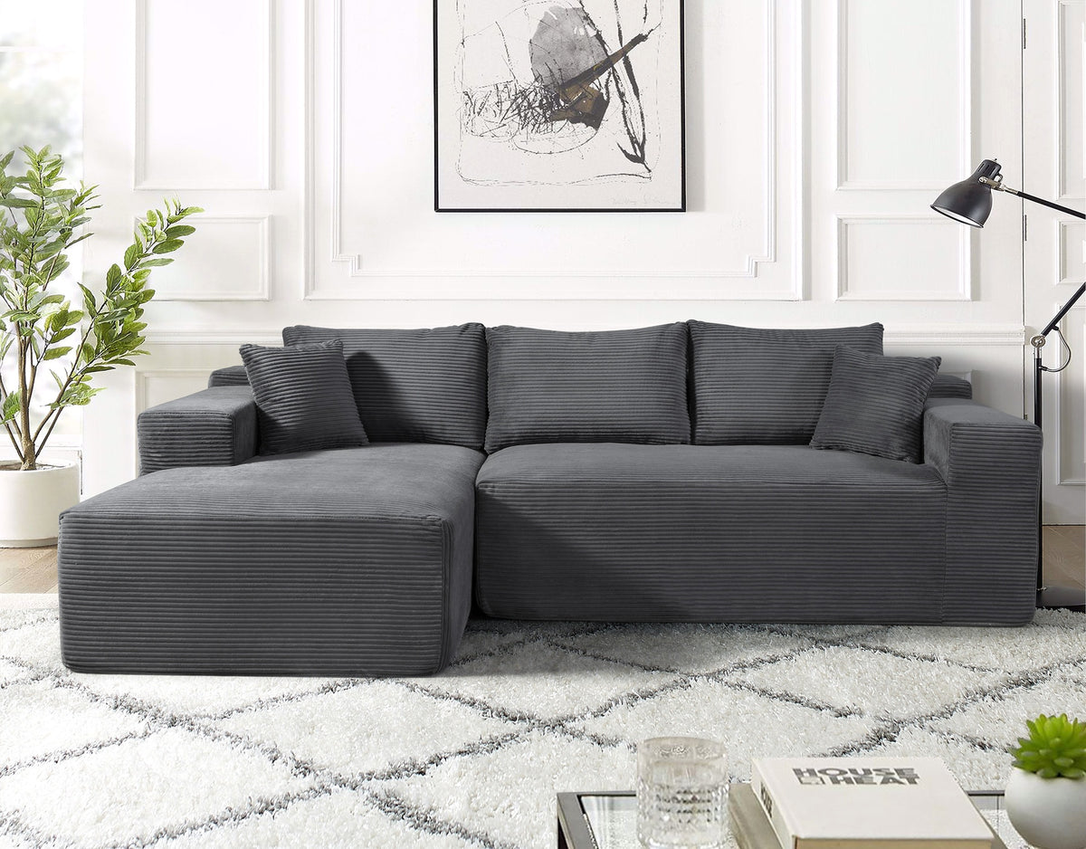 2-Piece Convertible Corduroy L-Shaped Sofa in a Box with Pillows, 3-Seater Modular Sectional Couch, Compressed Living Room Furniture, Dark Grey (Left Facing)