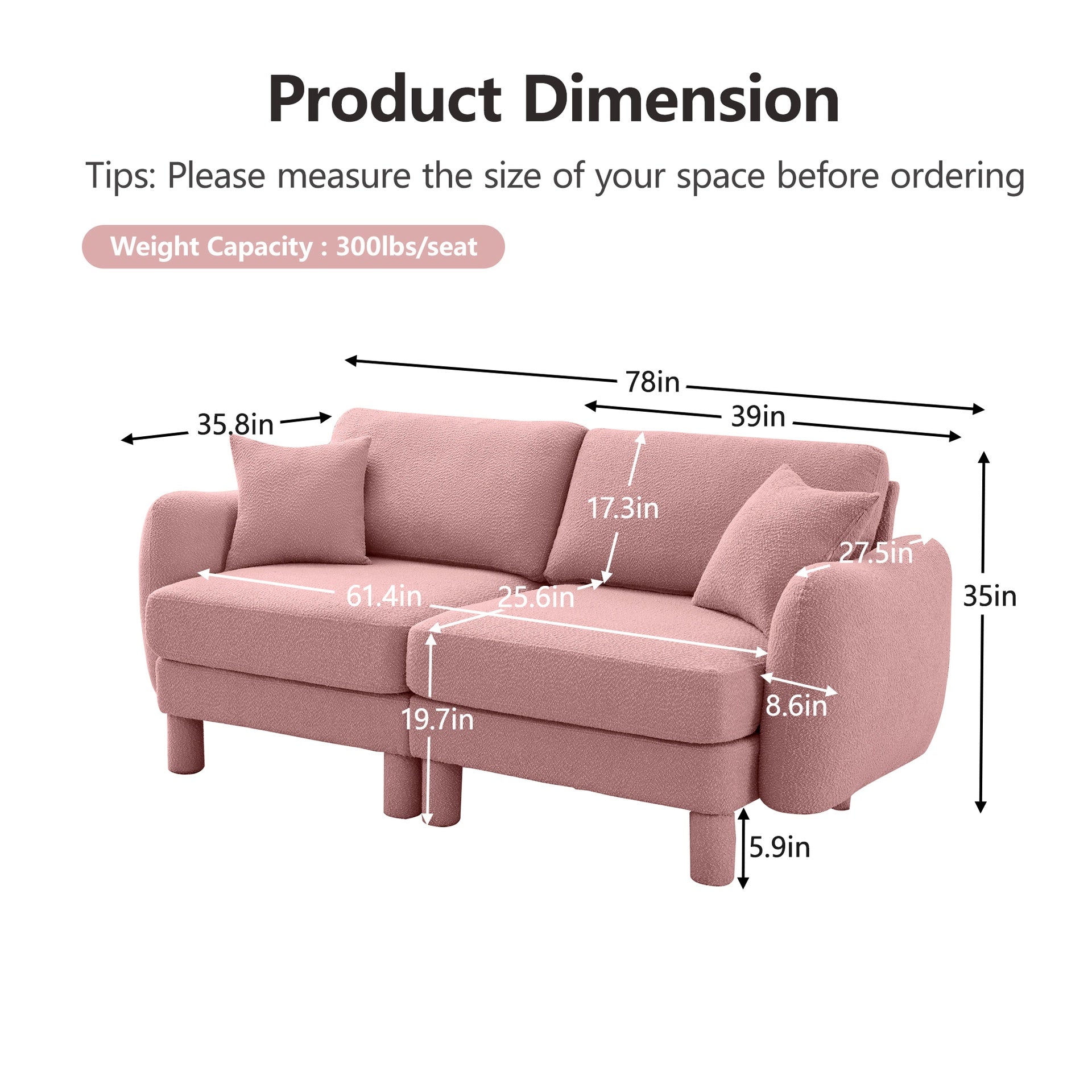 Boucle Fabric 2-seater Loveseat Sofa Couch With Distinctive Shell-shaped Armrests,Cylindrical Legs Wrapped with Self-fabric,Pink Color