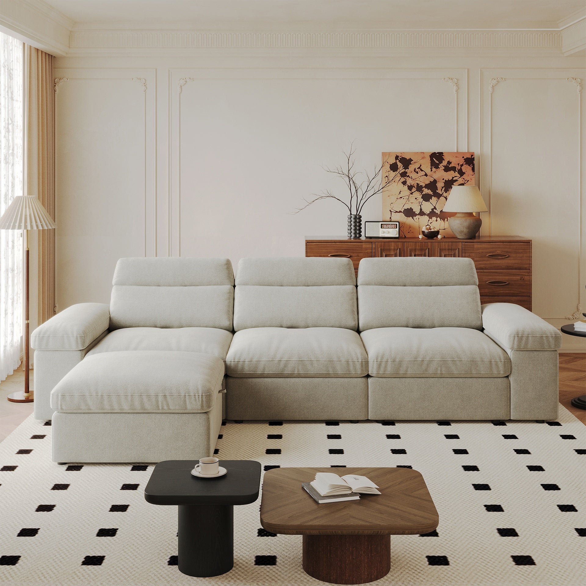 This simple modular sofa is made of down and linen, with a backrest that can be adjusted backward. It is soft and comfortable, has storage space, and is suitable for both living rooms and bedrooms