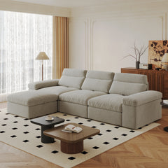 This simple modular sofa is made of down and linen, with a backrest that can be adjusted backward. It is soft and comfortable, has storage space, and is suitable for both living rooms and bedrooms
