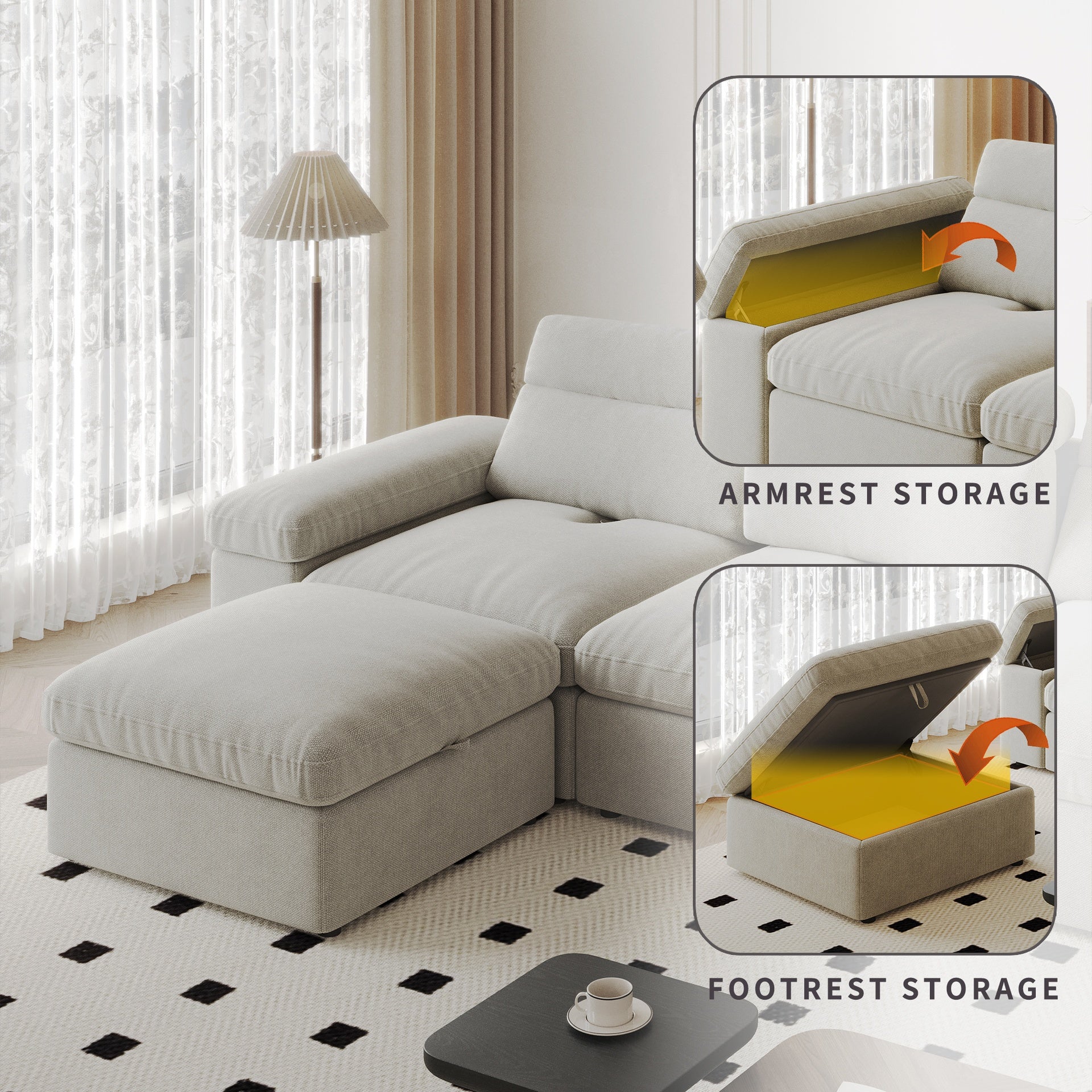 This simple modular sofa is made of down and linen, with a backrest that can be adjusted backward. It is soft and comfortable, has storage space, and is suitable for both living rooms and bedrooms