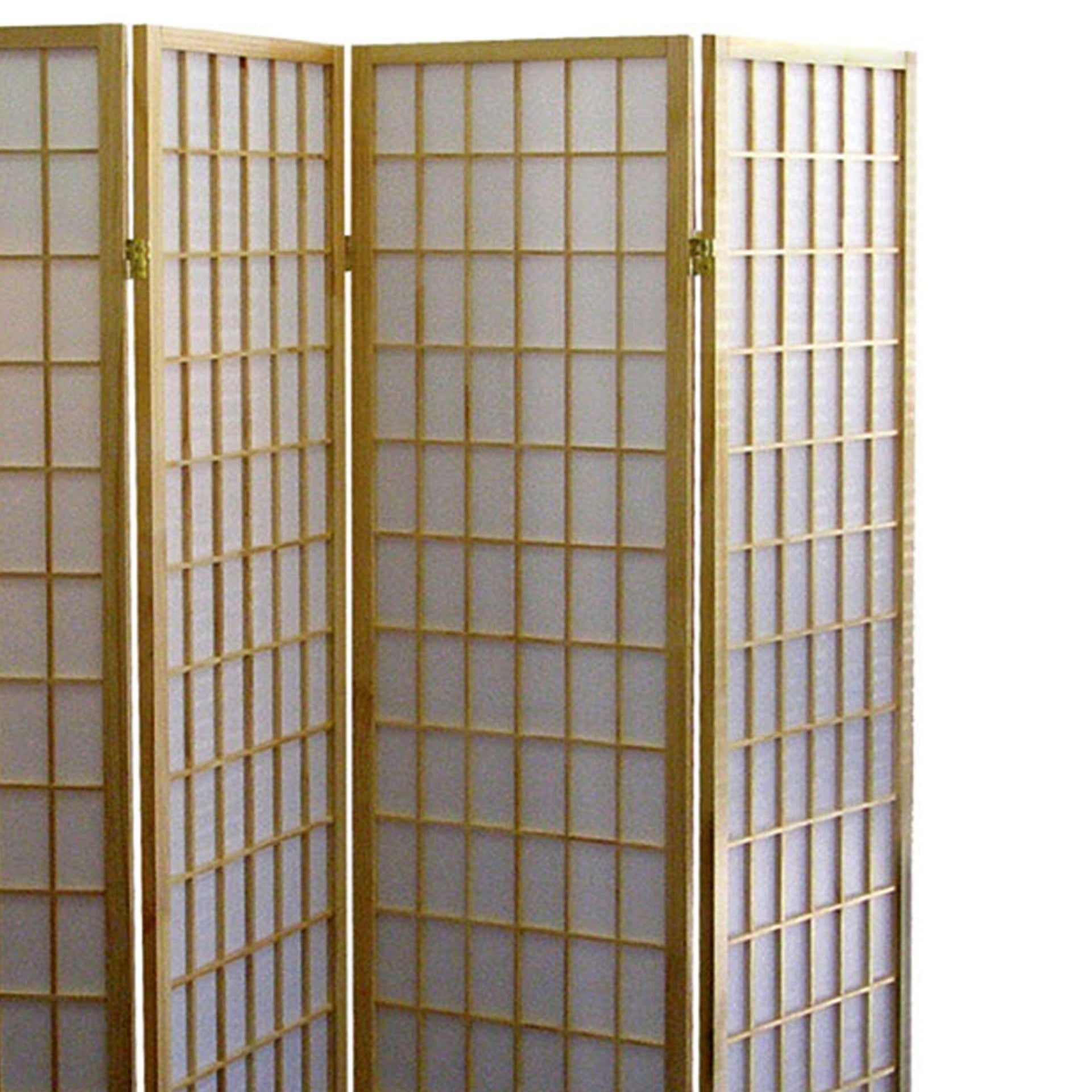 70" Tall 4-Panel Screen / Room Divider, Japanese Style with Natural Wood finish