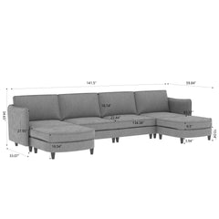 141.5''  Large Size 6 Seater Sofa Couch, U-Shaped Sofas with Movable Ottoman, Arm with Pockets,Modern Fabric Couches for Living Room, Apartment, Office