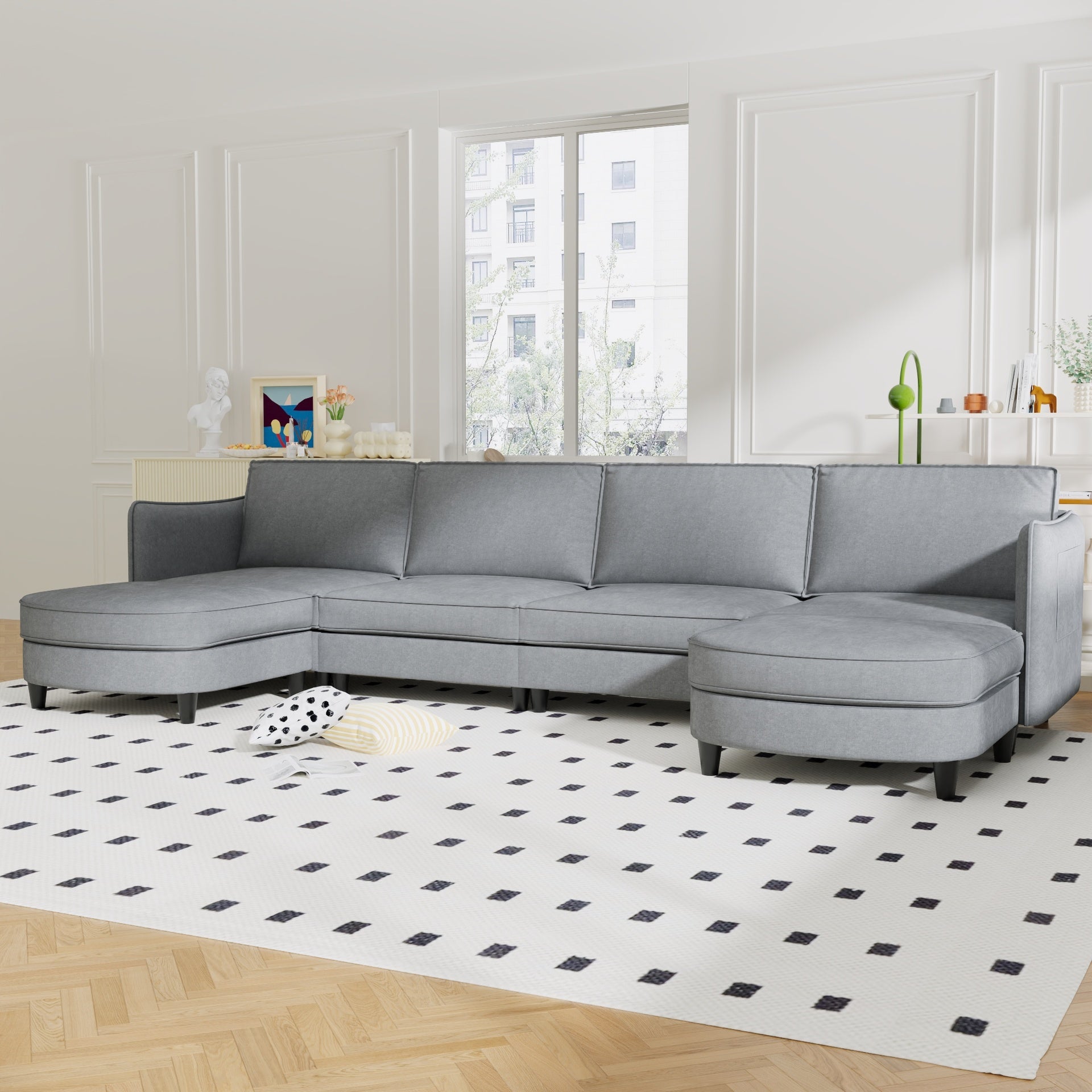 141.5''  Large Size 6 Seater Sofa Couch, U-Shaped Sofas with Movable Ottoman, Arm with Pockets,Modern Fabric Couches for Living Room, Apartment, Office